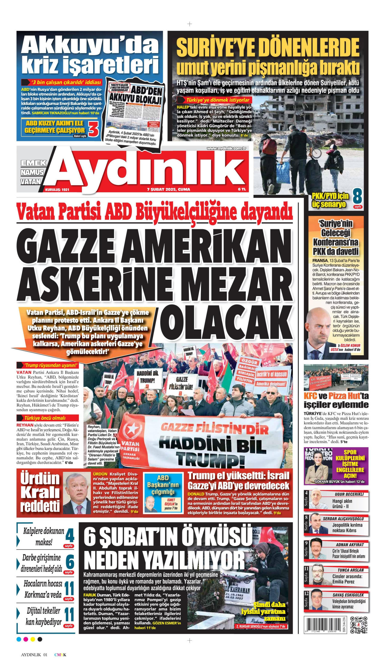 AYDINLIK GAZETESİ gazetesinin 7 Şubat 2025 tarihli birinci sayfası