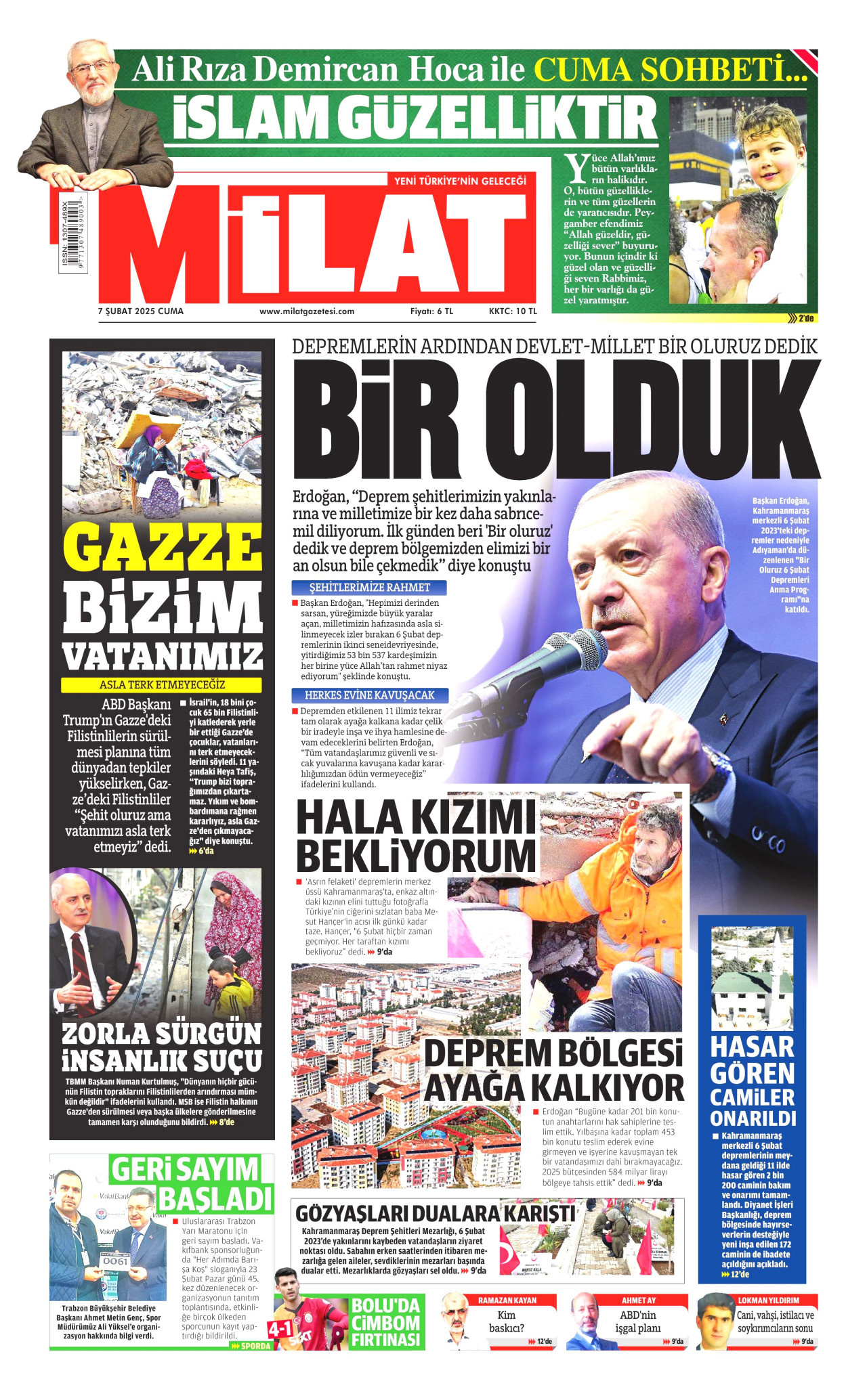 MİLAT gazetesinin 7 Şubat 2025 tarihli birinci sayfası