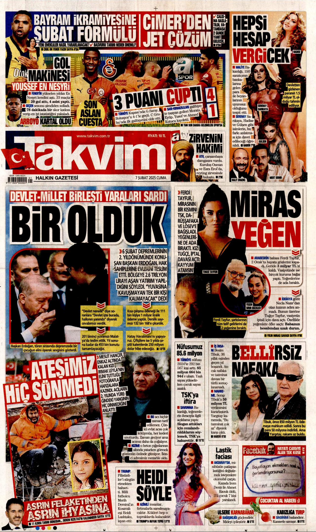 TAKVİM gazetesinin 7 Şubat 2025 tarihli birinci sayfası