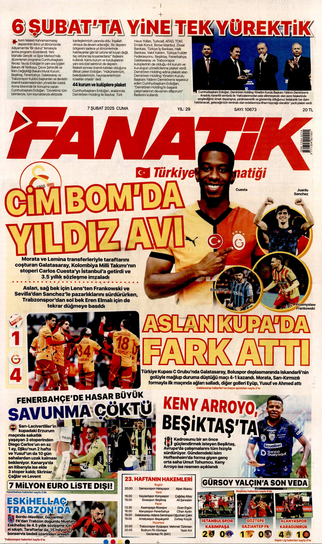 FANATİK gazetesinin 7 Şubat 2025 tarihli birinci sayfası