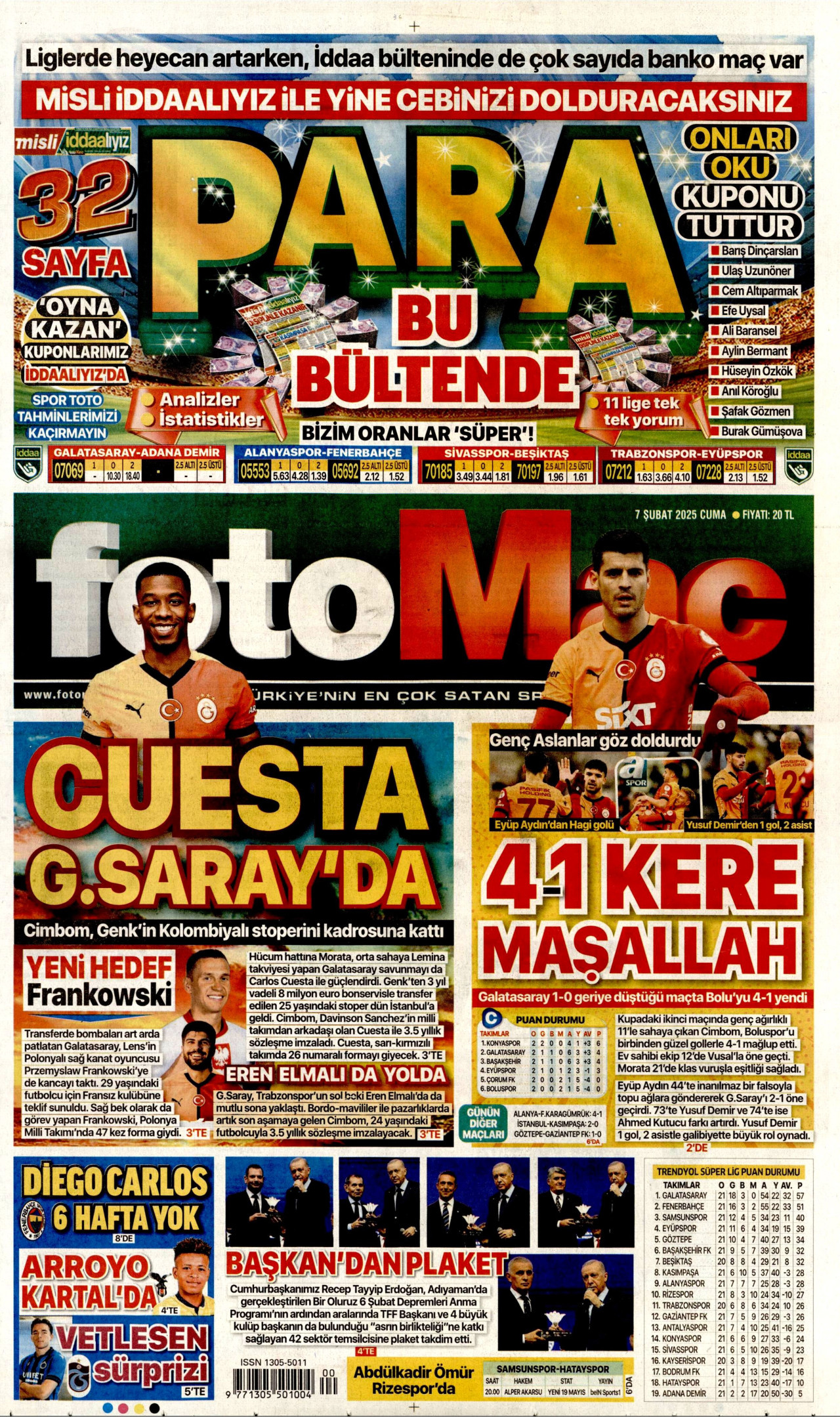 FOTOMAÇ gazetesinin 7 Şubat 2025 tarihli birinci sayfası