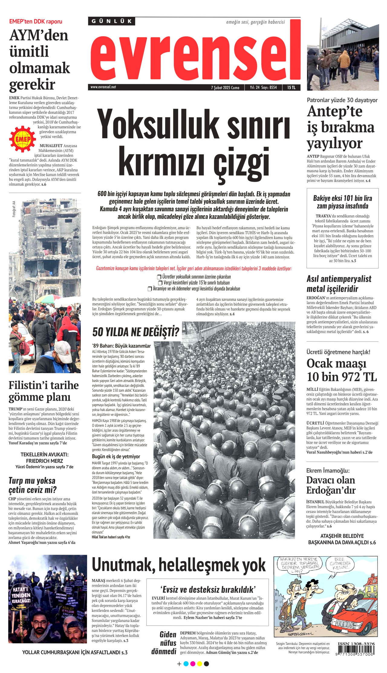 EVRENSEL gazetesinin 7 Şubat 2025 tarihli birinci sayfası