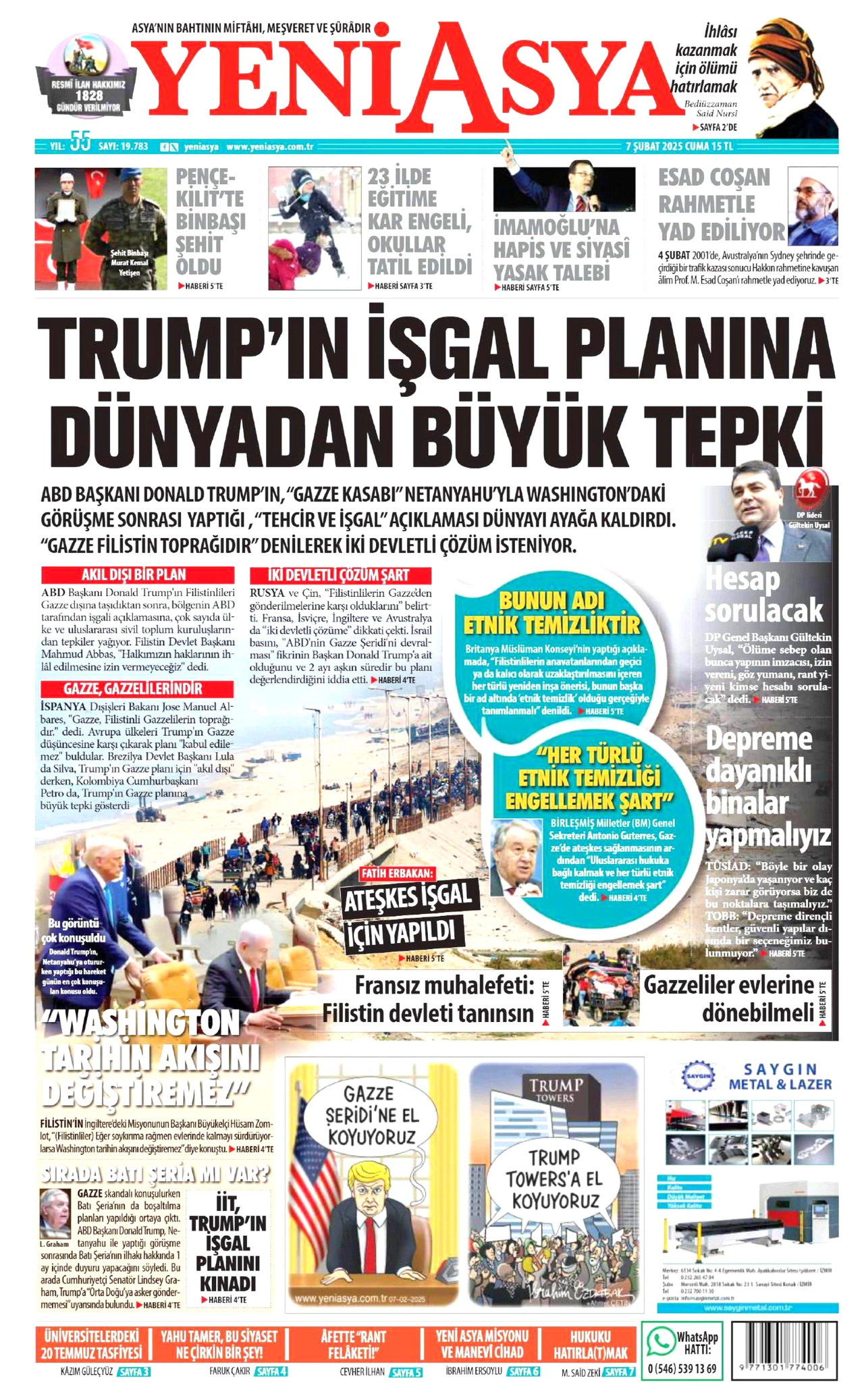 YENİ ASYA gazetesinin 7 Şubat 2025 tarihli birinci sayfası