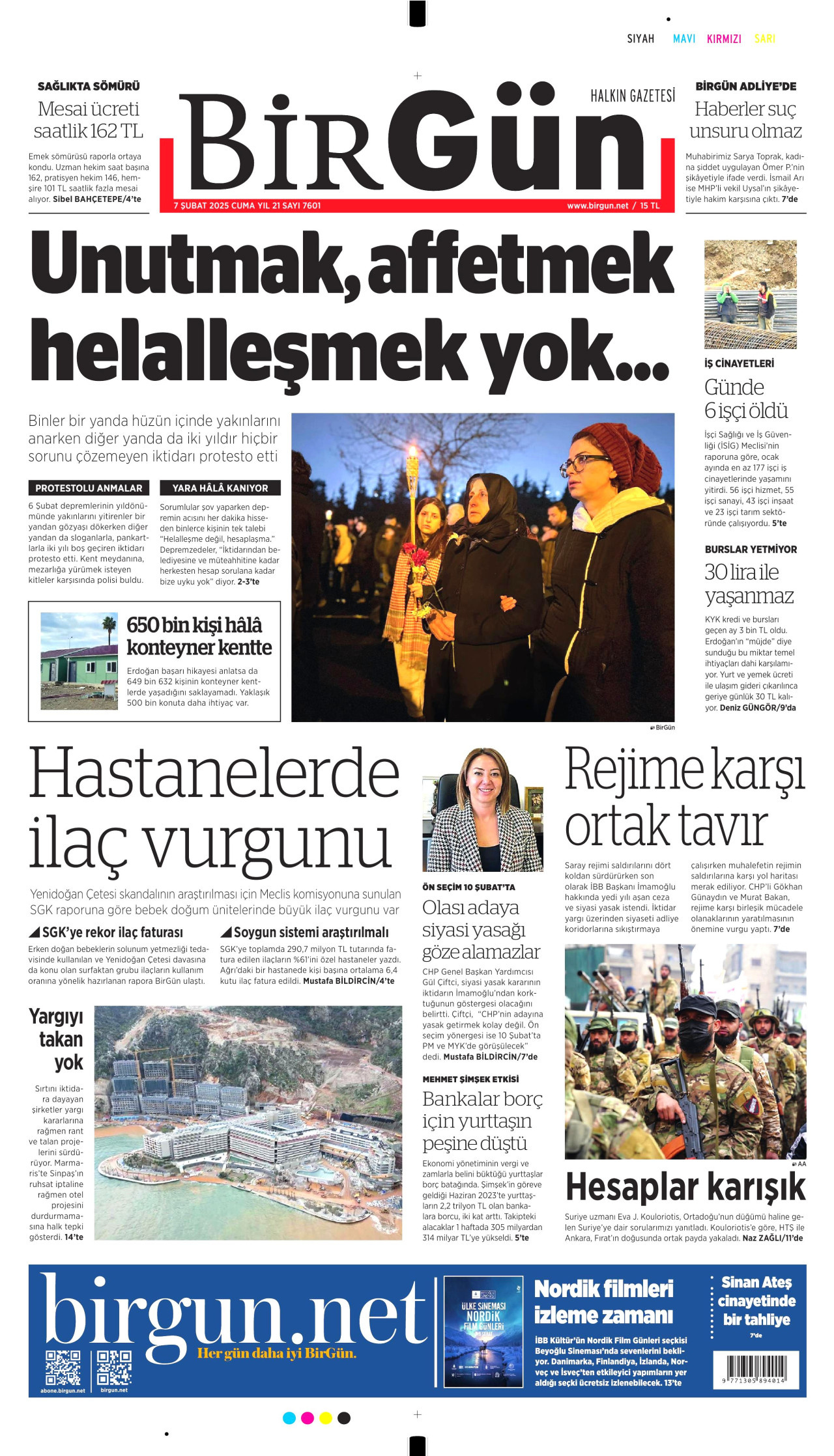 BİRGÜN gazetesinin 7 Şubat 2025 tarihli birinci sayfası