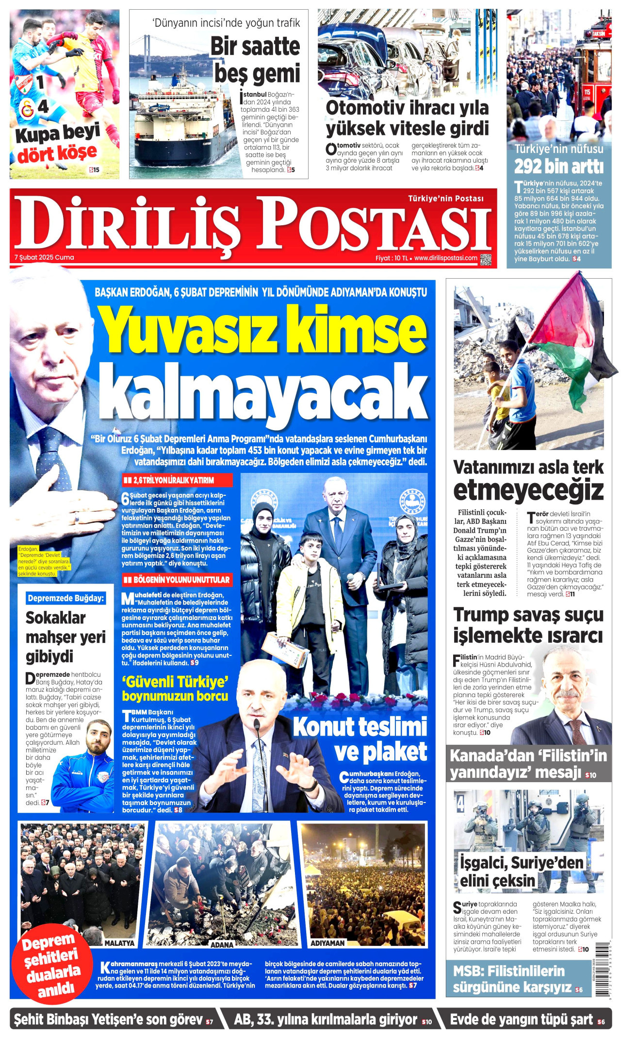 DİRİLİŞ POSTASI gazetesinin 7 Şubat 2025 tarihli birinci sayfası