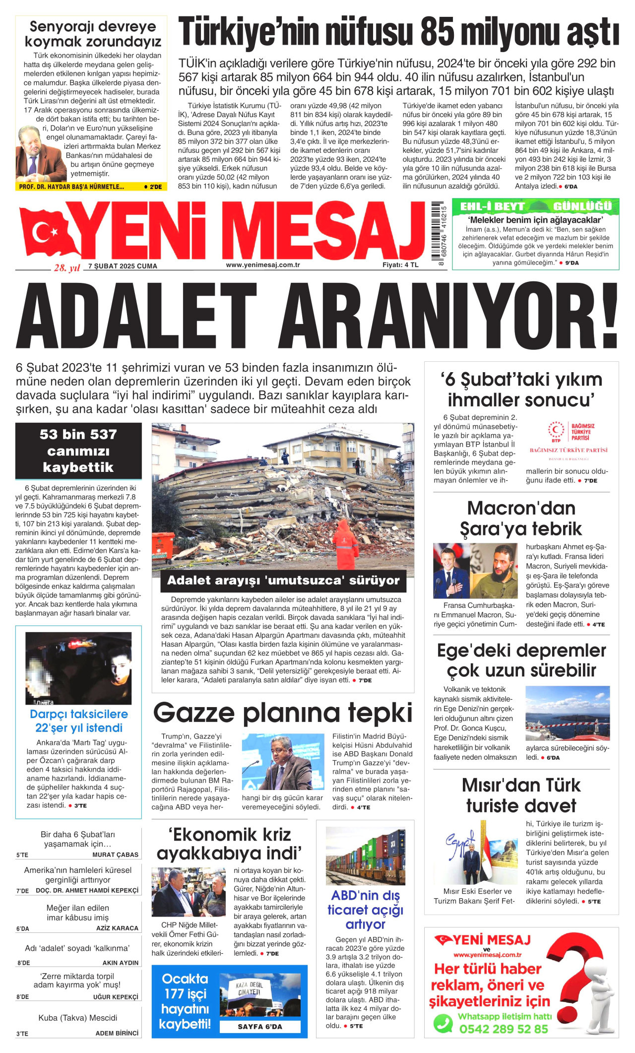 YENİ MESAJ gazetesinin 7 Şubat 2025 tarihli birinci sayfası