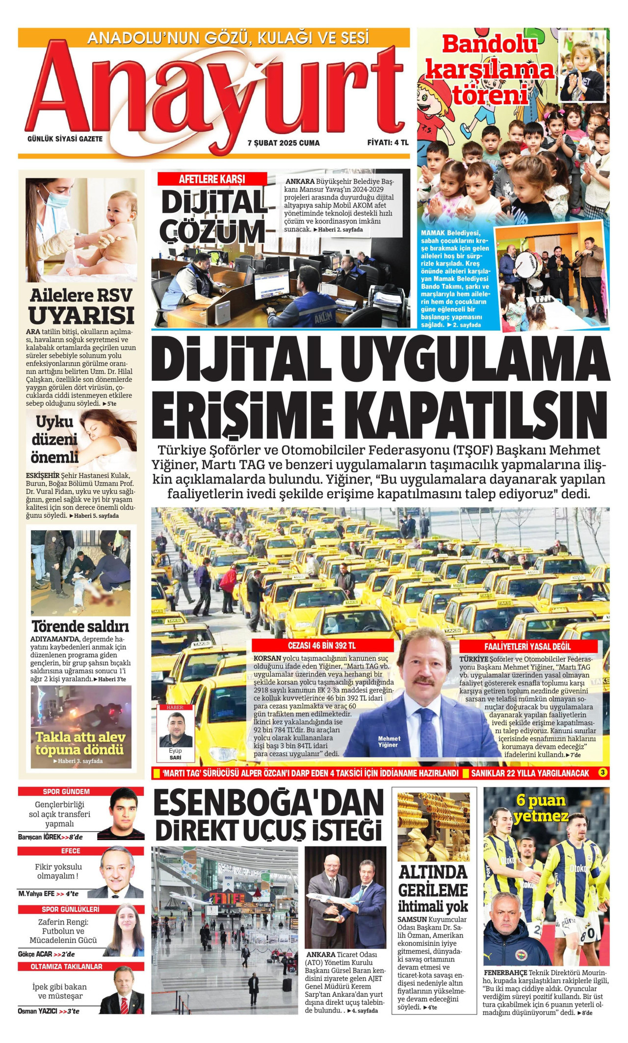 ANAYURT gazetesinin 7 Şubat 2025 tarihli birinci sayfası