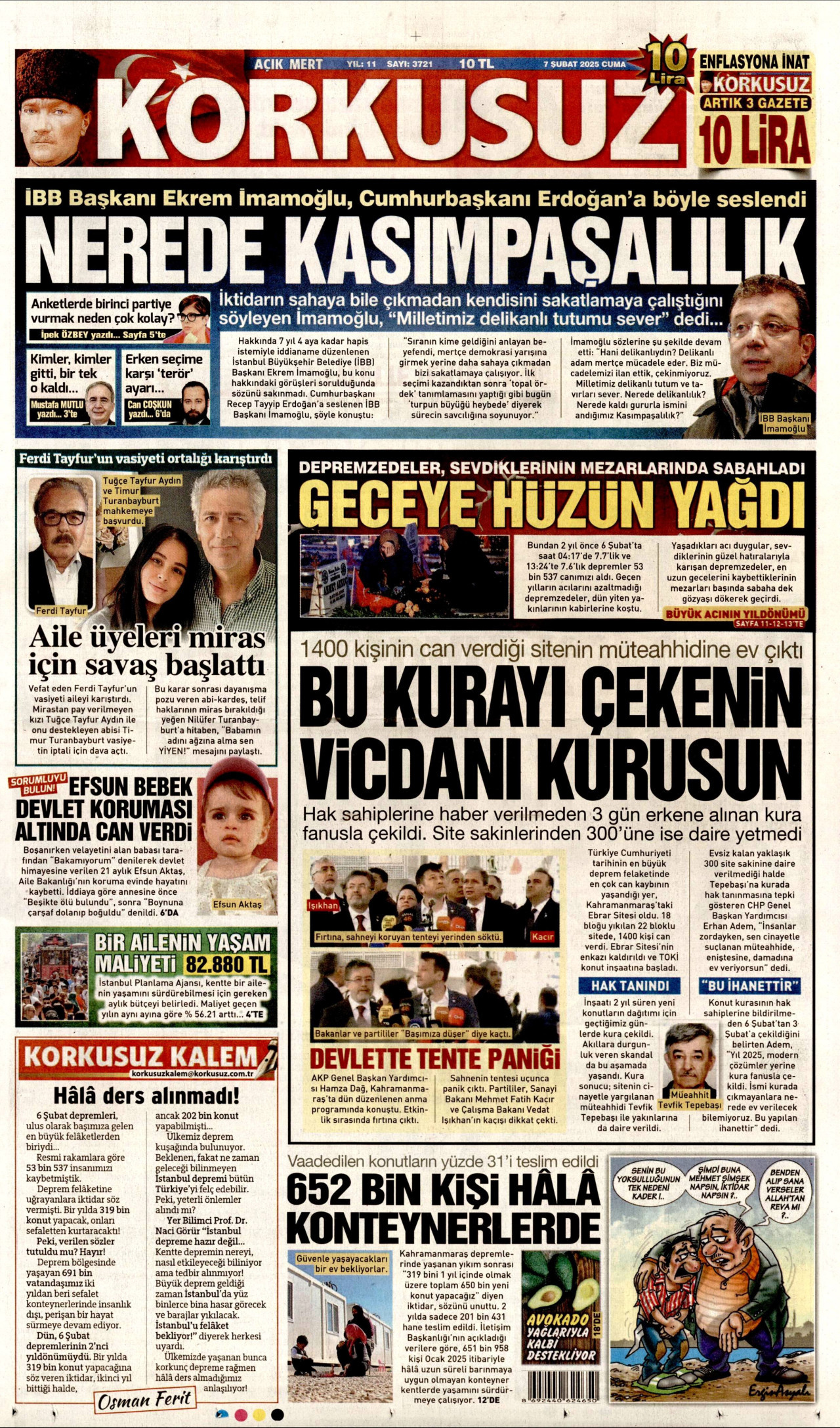 KORKUSUZ gazetesinin 7 Şubat 2025 tarihli birinci sayfası