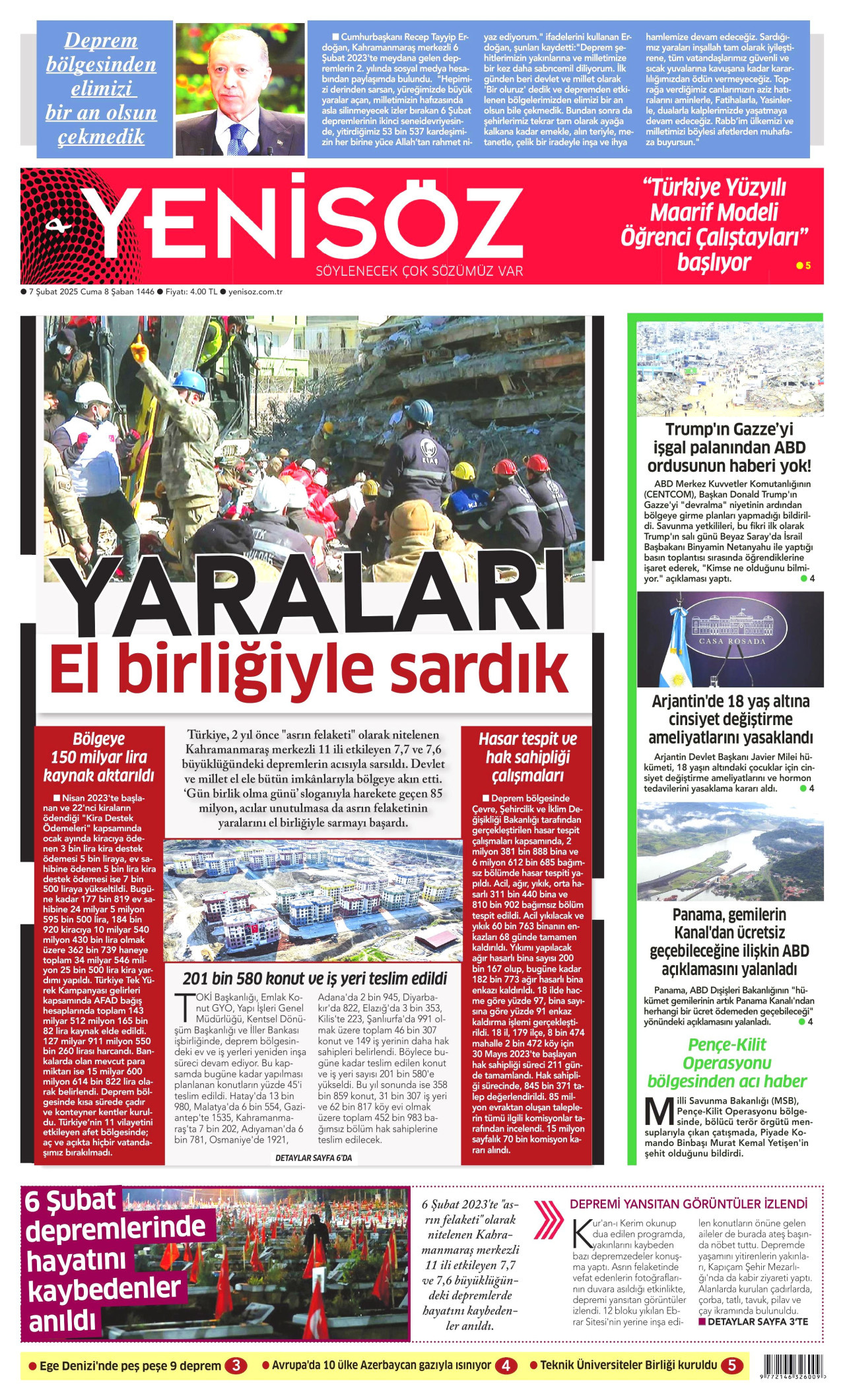 YENİ SÖZ GAZETESİ gazetesinin 7 Şubat 2025 tarihli birinci sayfası