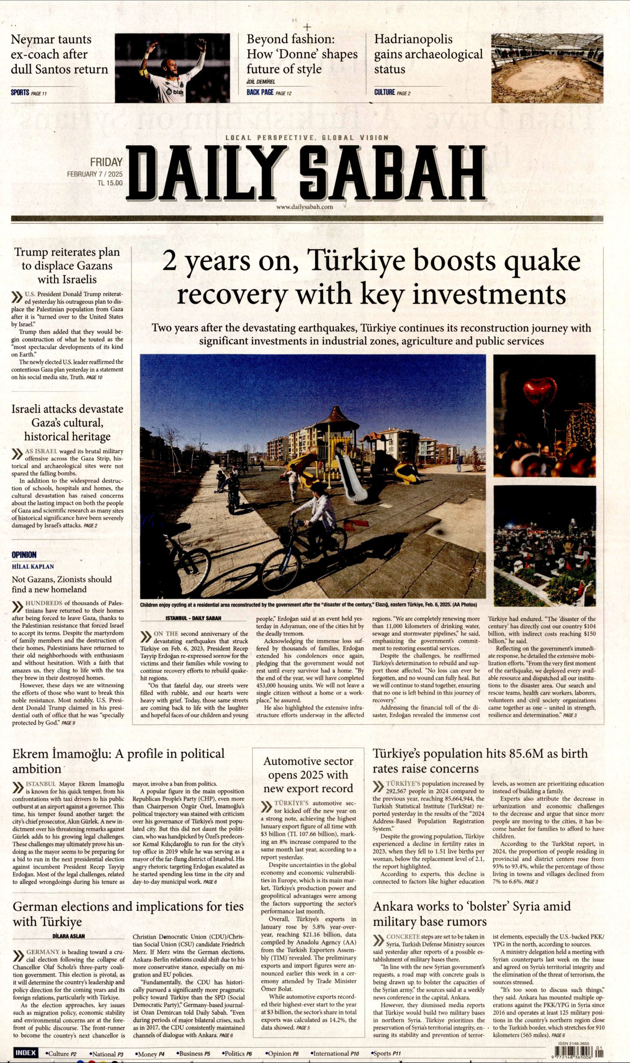 DAİLY SABAH gazetesinin 7 Şubat 2025 tarihli birinci sayfası
