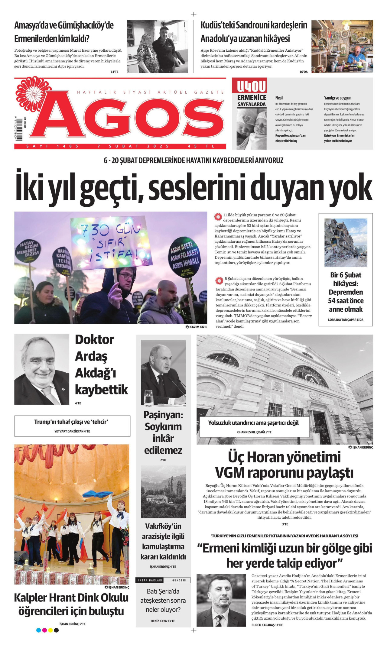 AGOS gazetesinin 7 Şubat 2025 tarihli birinci sayfası