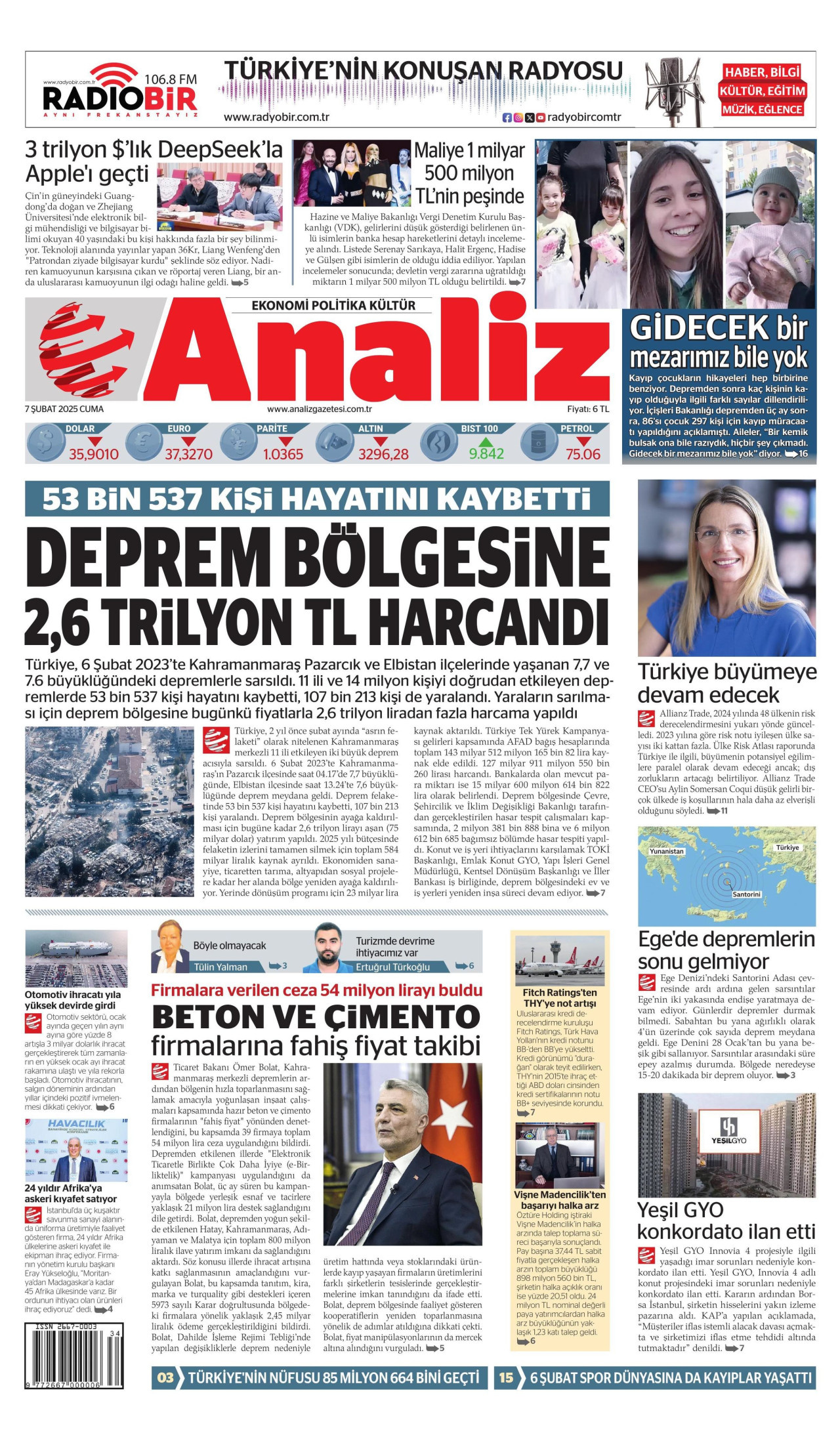 ANALİZ gazetesinin 7 Şubat 2025 tarihli birinci sayfası
