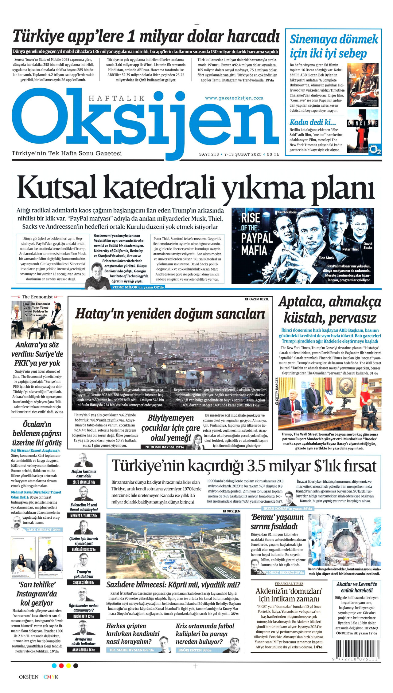 OKSİJEN gazetesinin 7 Şubat 2025 tarihli birinci sayfası