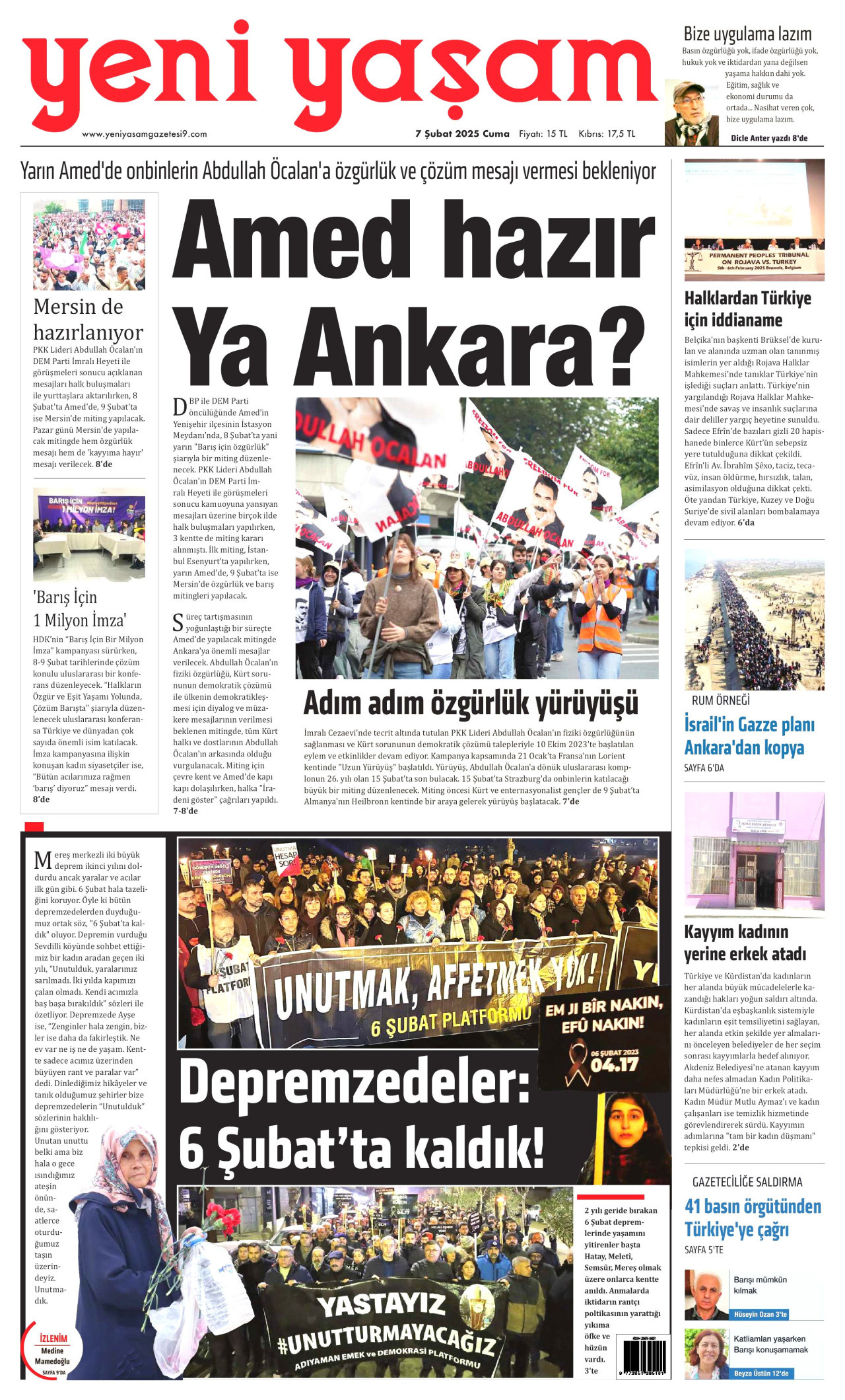 YENİ YAŞAM gazetesinin 7 Şubat 2025 tarihli birinci sayfası