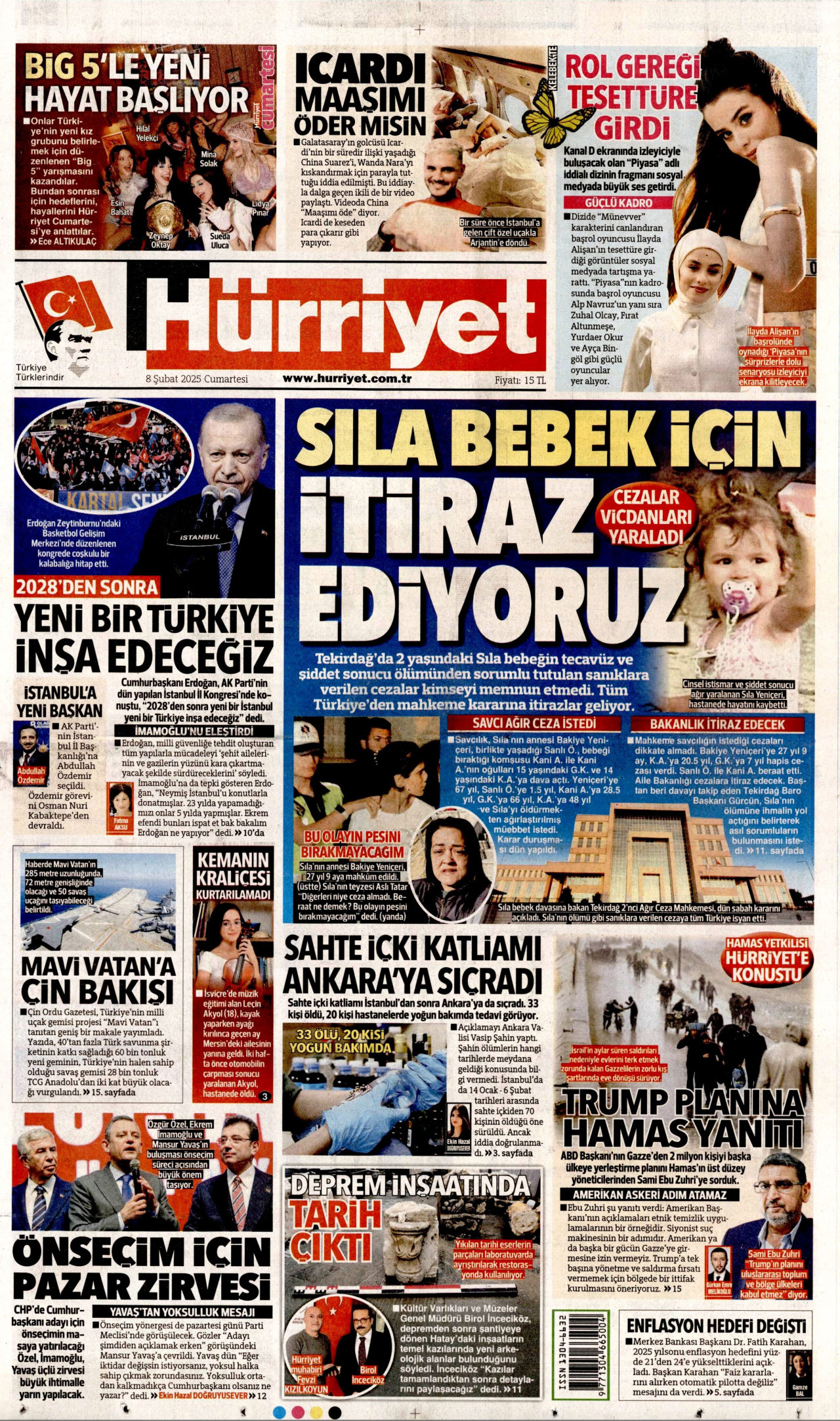 HÜRRİYET gazetesinin 8 Şubat 2025 tarihli birinci sayfası
