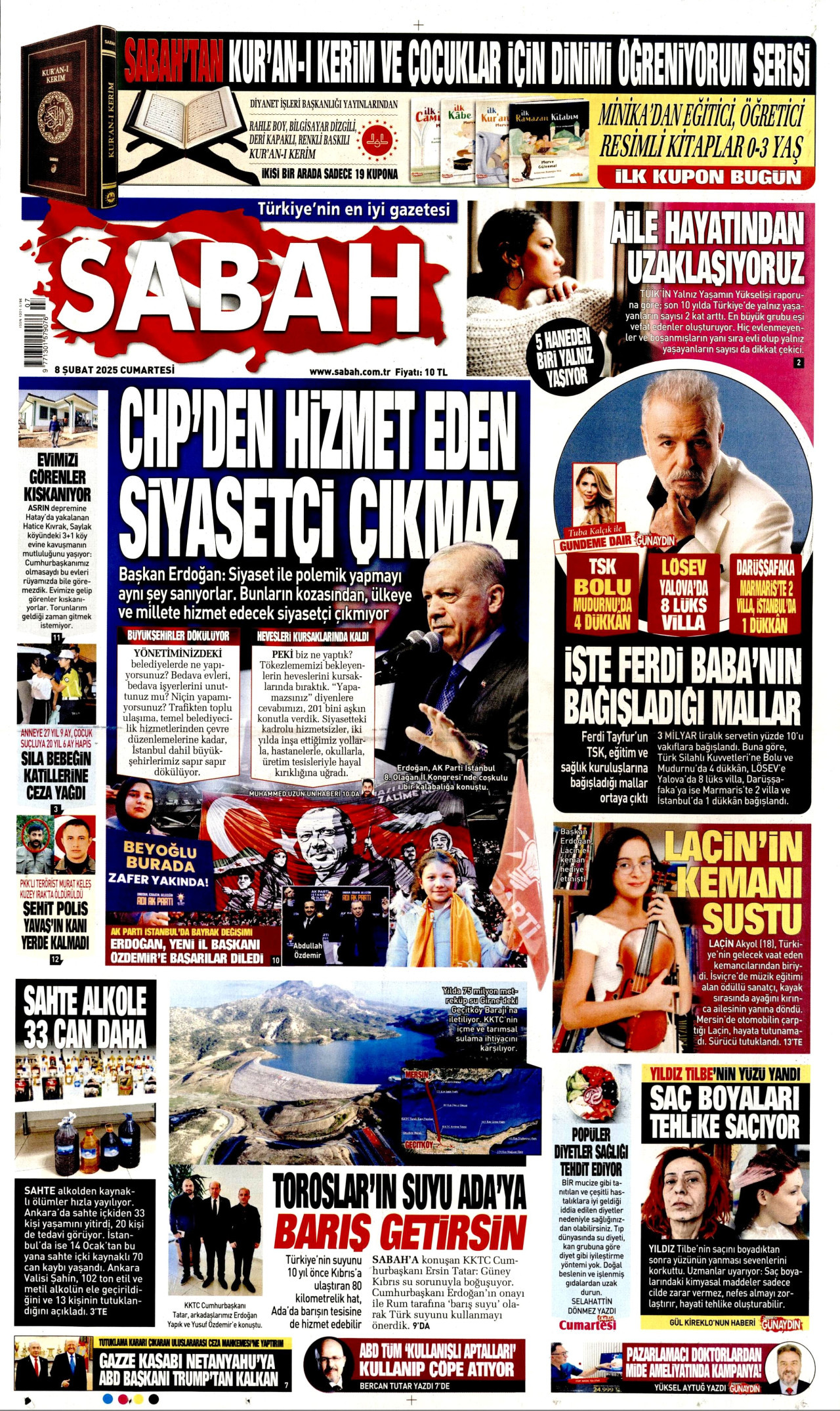 SABAH gazetesinin 8 Şubat 2025 tarihli birinci sayfası