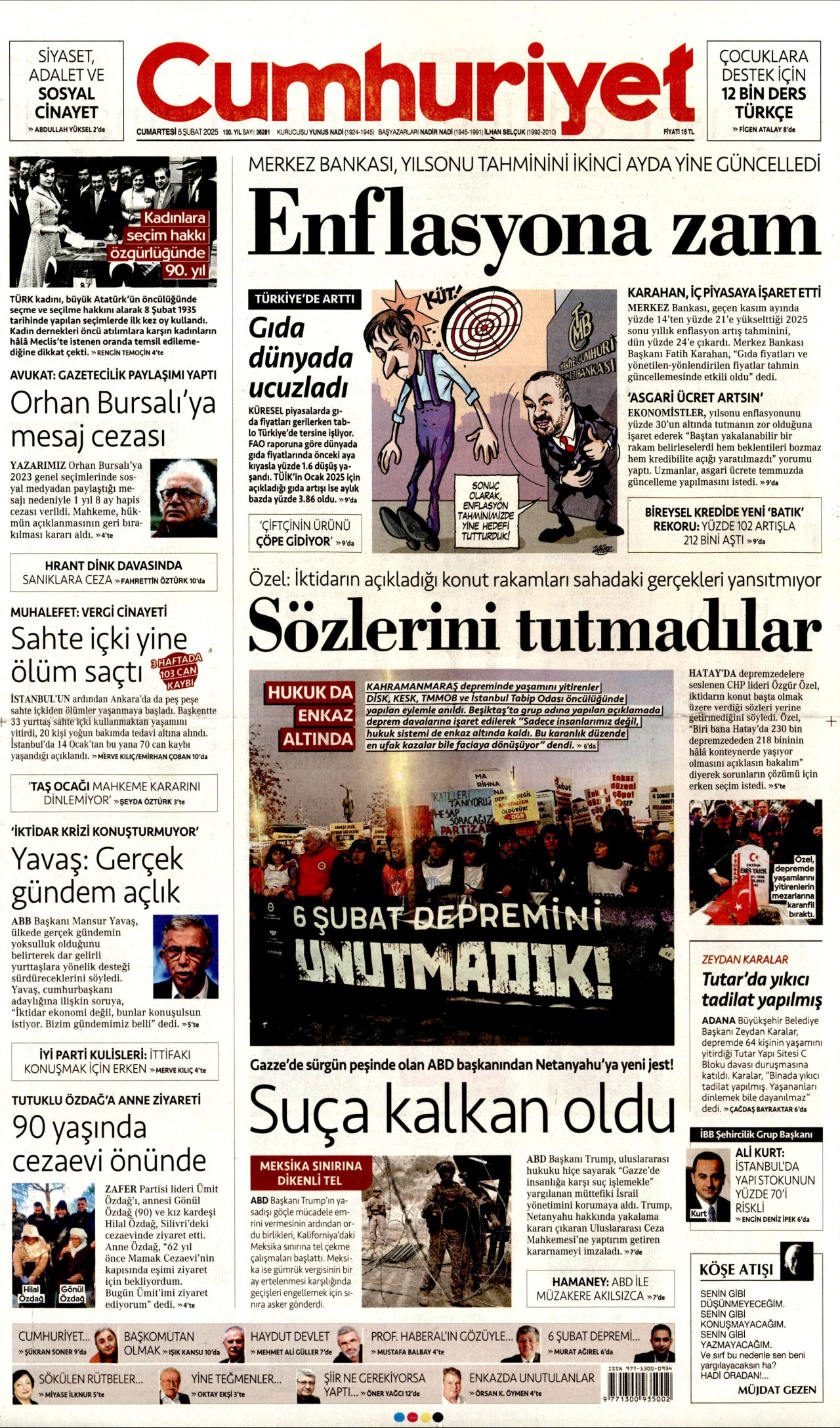 CUMHURİYET gazetesinin 8 Şubat 2025 tarihli birinci sayfası