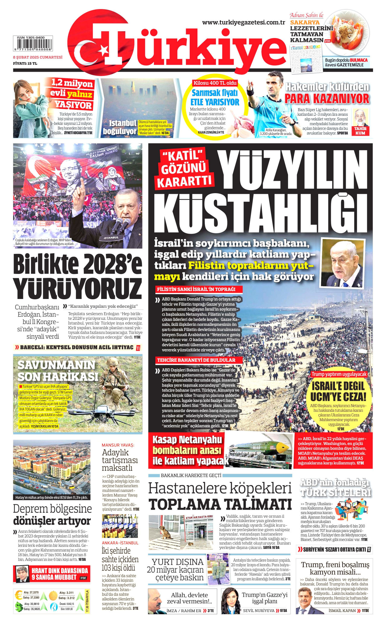 TÜRKİYE GAZETESİ gazetesinin 8 Şubat 2025 tarihli birinci sayfası