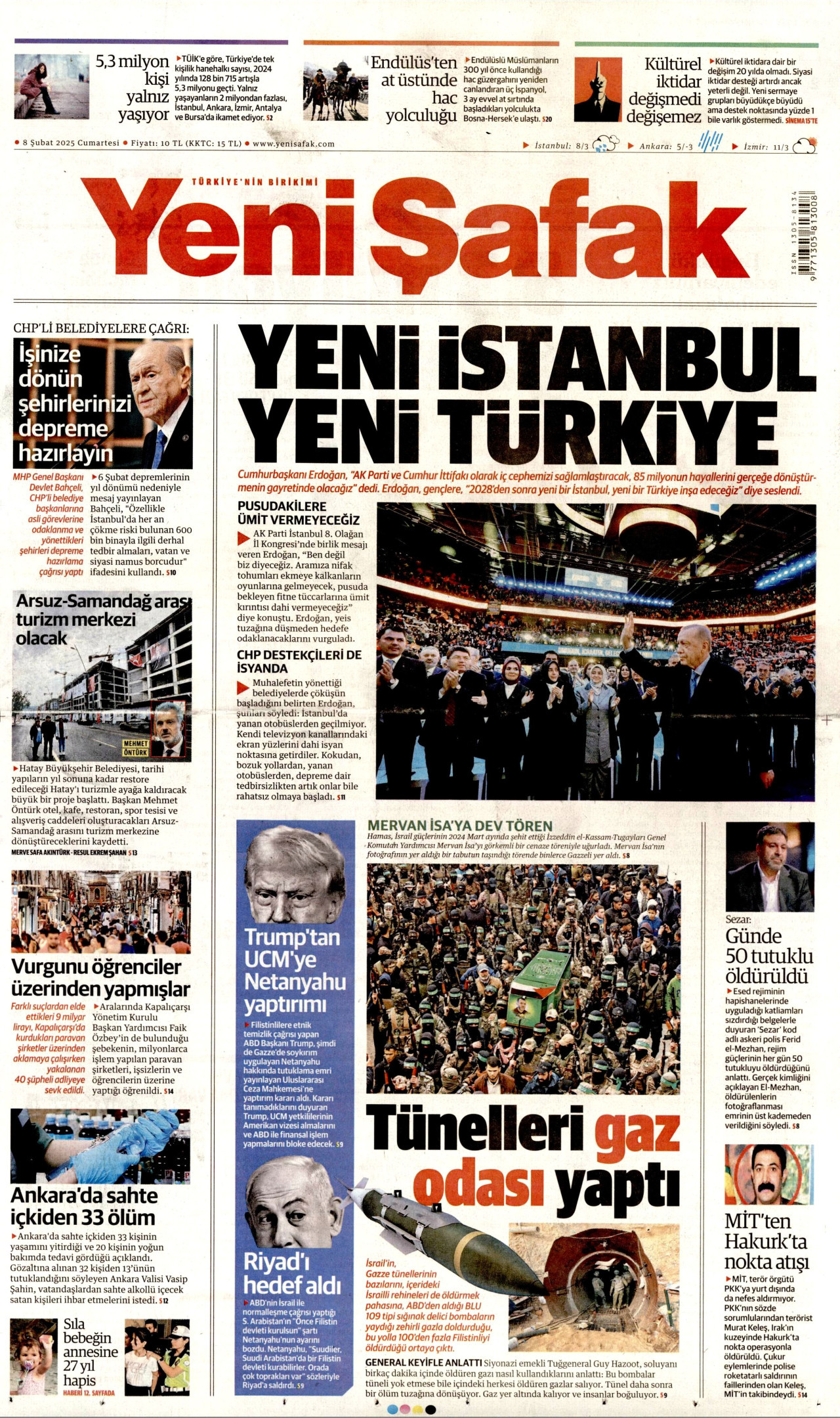 YENİ ŞAFAK gazetesinin 8 Şubat 2025 tarihli birinci sayfası
