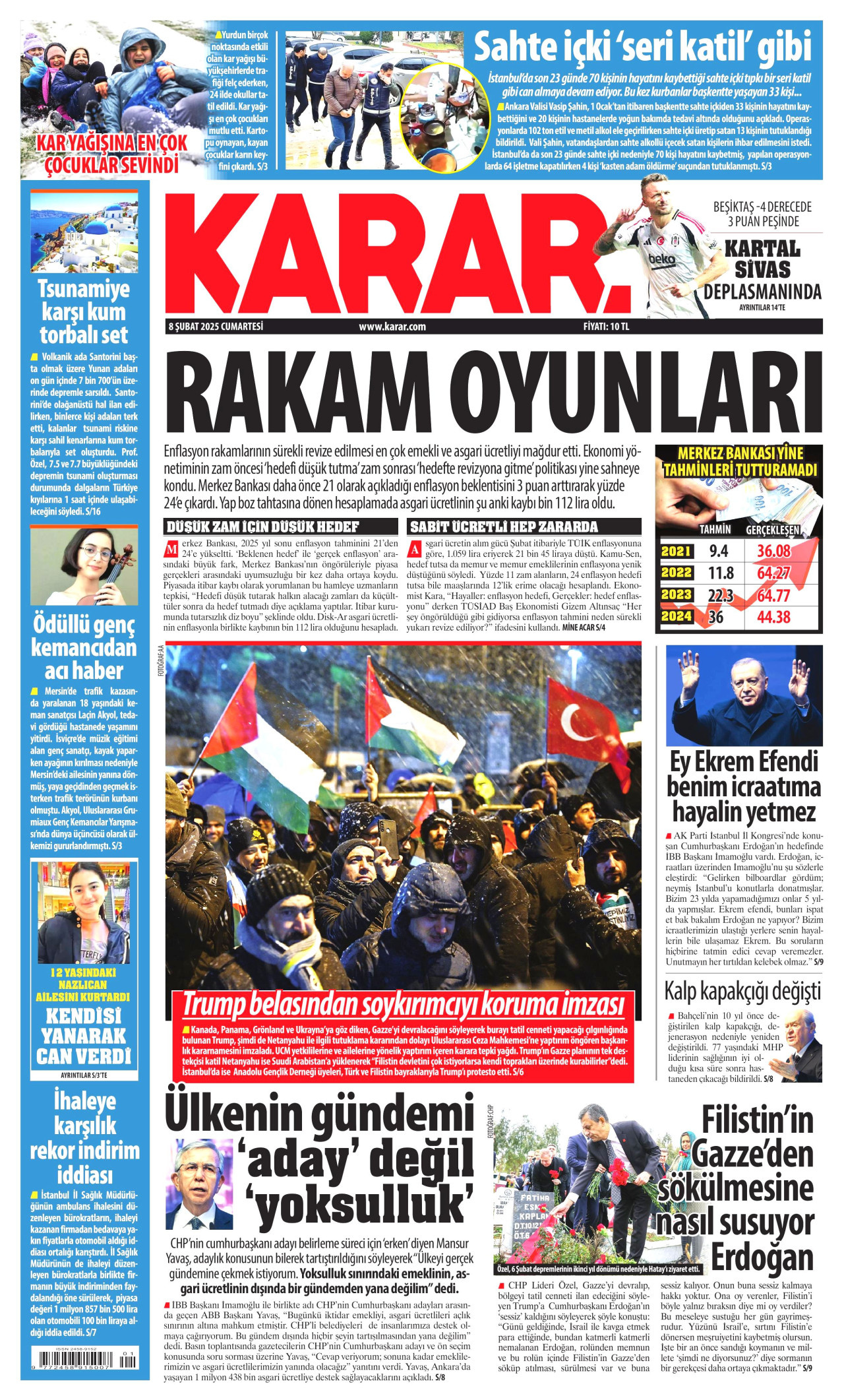 KARAR gazetesinin 8 Şubat 2025 tarihli birinci sayfası