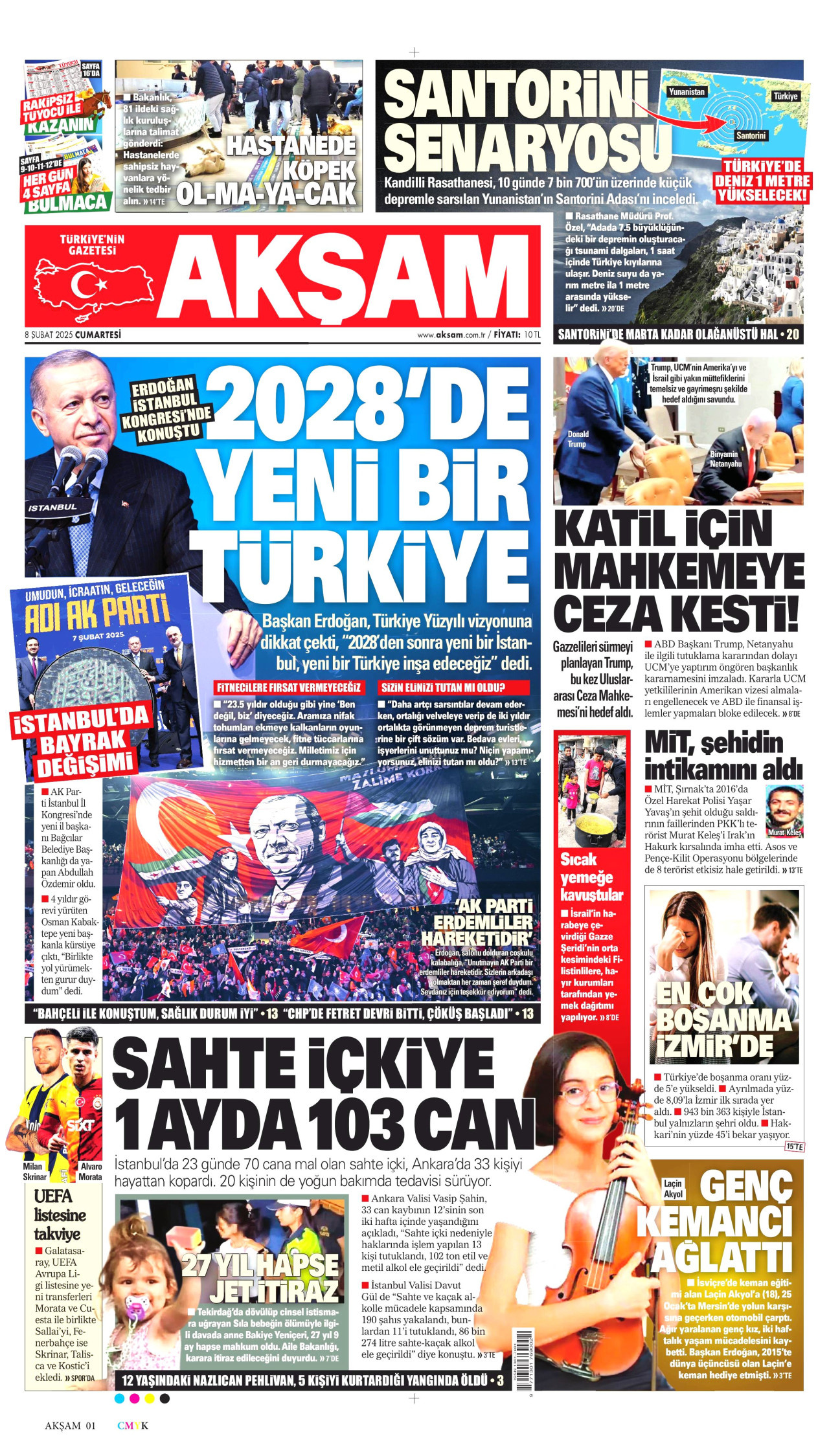 AKŞAM gazetesinin 8 Şubat 2025 tarihli birinci sayfası