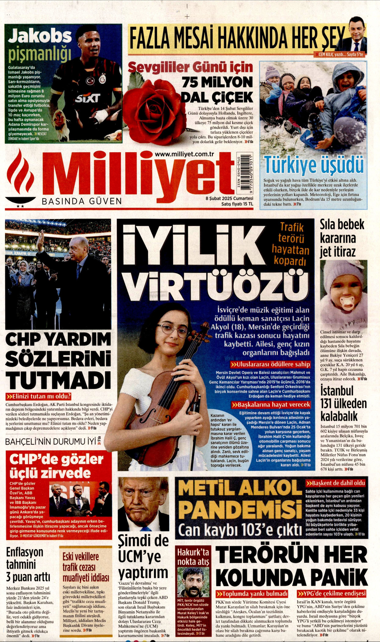 MİLLİYET gazetesinin 8 Şubat 2025 tarihli birinci sayfası