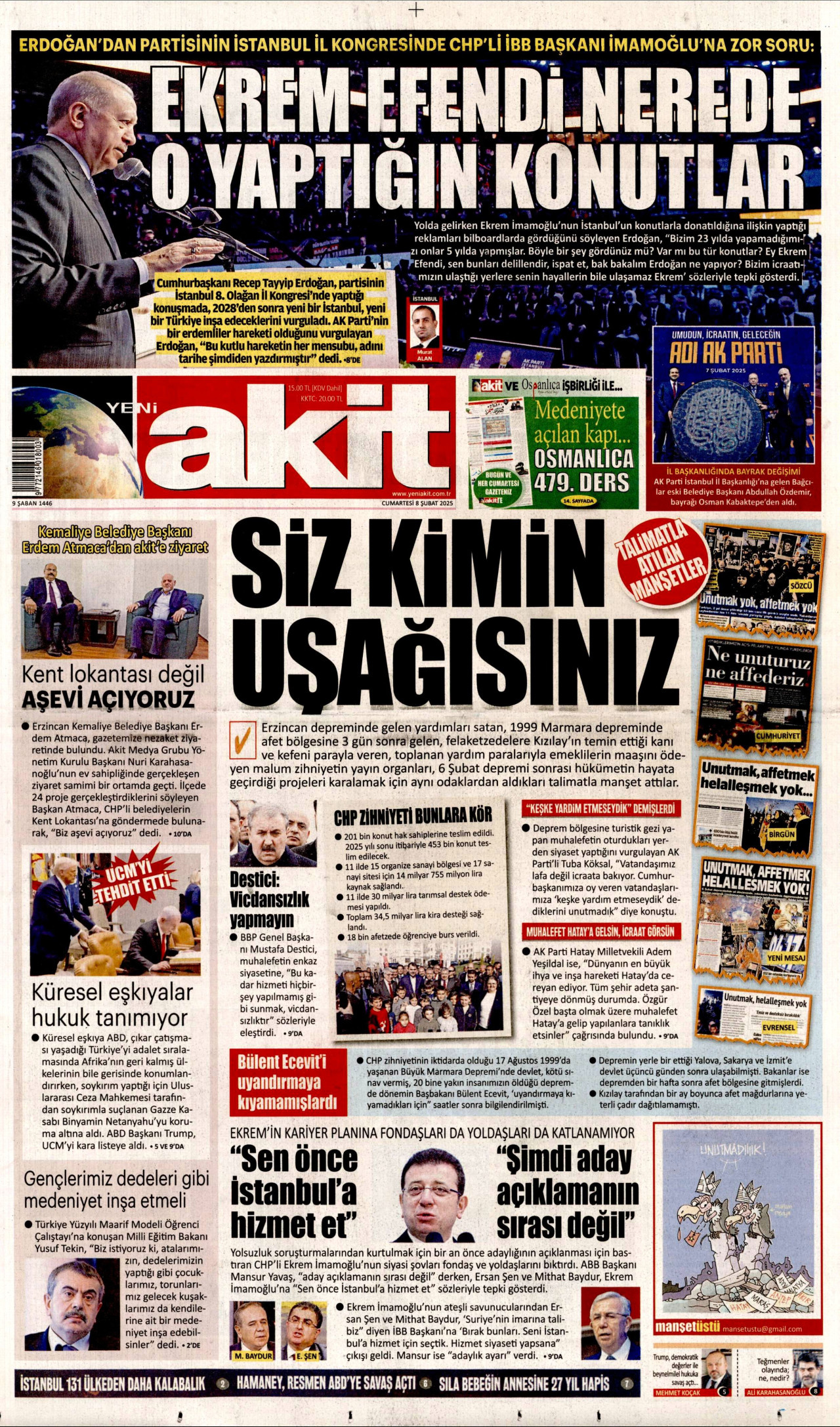YENİ AKİT gazetesinin 8 Şubat 2025 tarihli birinci sayfası