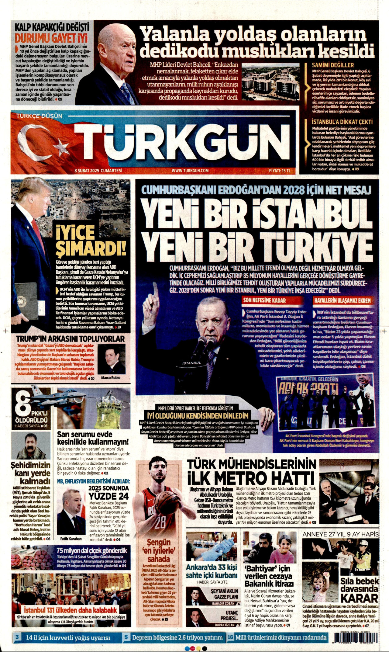 TÜRKGÜN gazetesinin 8 Şubat 2025 tarihli birinci sayfası