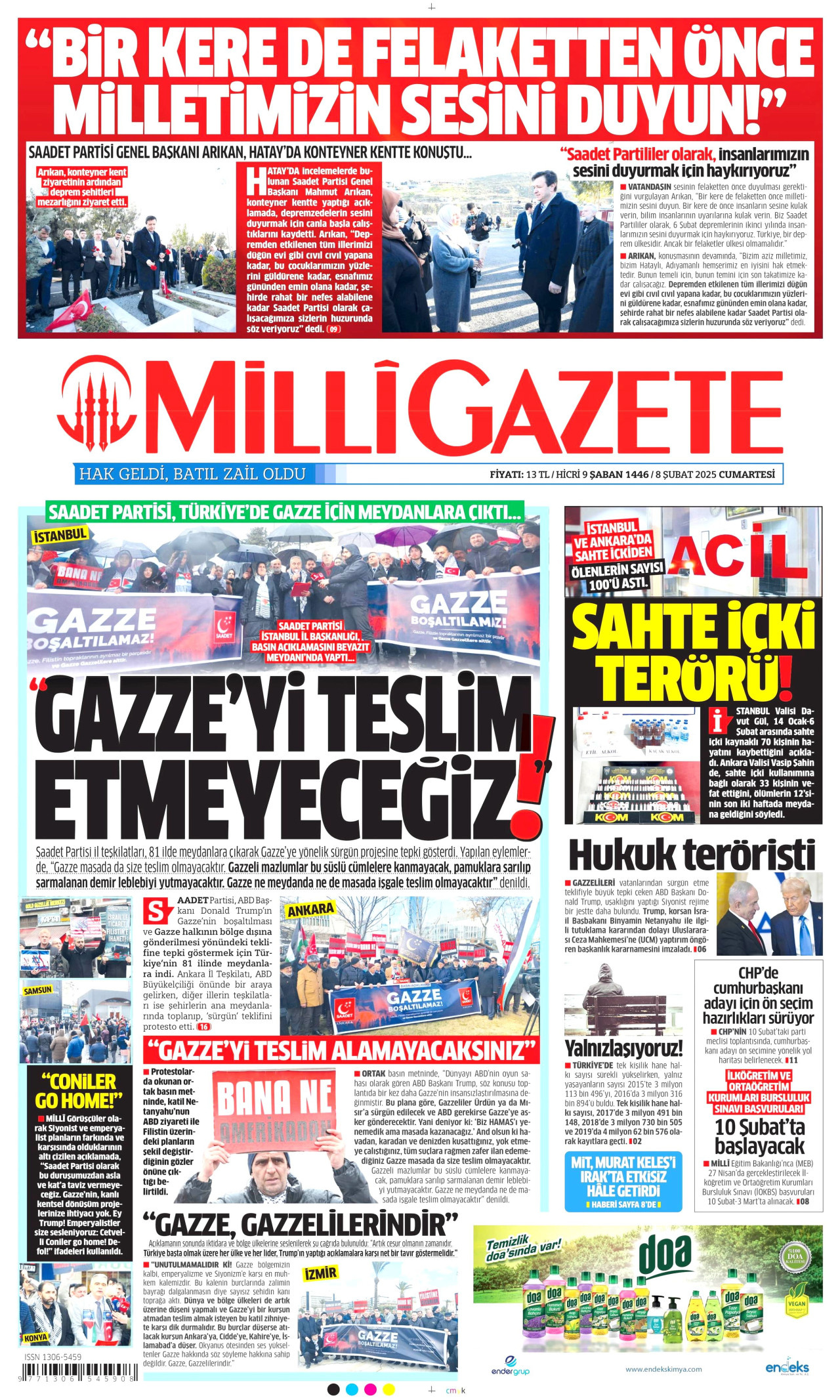 MİLLİ GAZETE gazetesinin 8 Şubat 2025 tarihli birinci sayfası