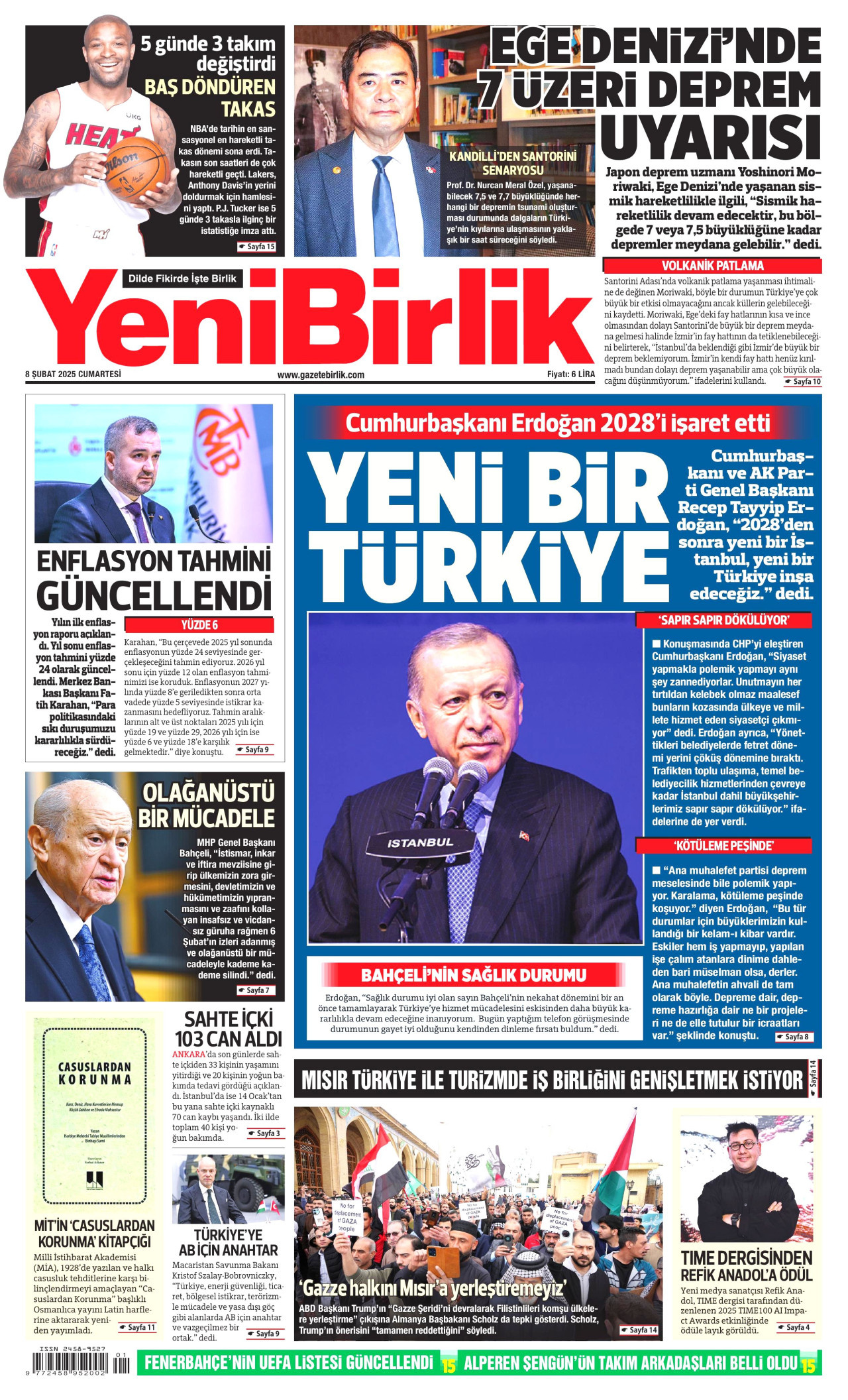 YENİBİRLİK gazetesinin 8 Şubat 2025 tarihli birinci sayfası