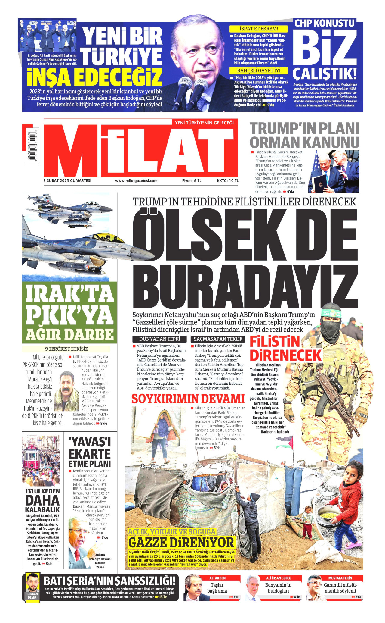 MİLAT gazetesinin 8 Şubat 2025 tarihli birinci sayfası
