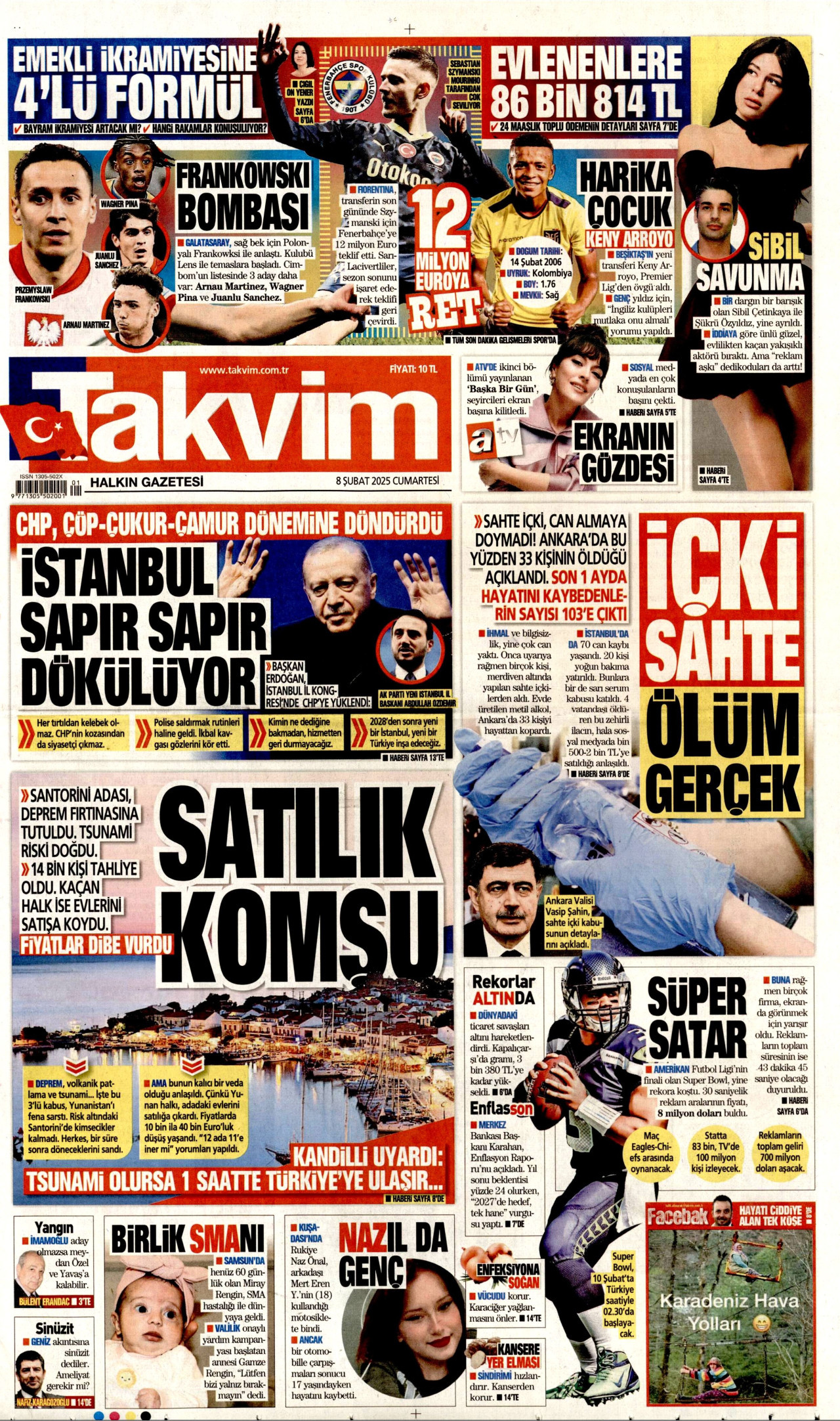 TAKVİM gazetesinin 8 Şubat 2025 tarihli birinci sayfası