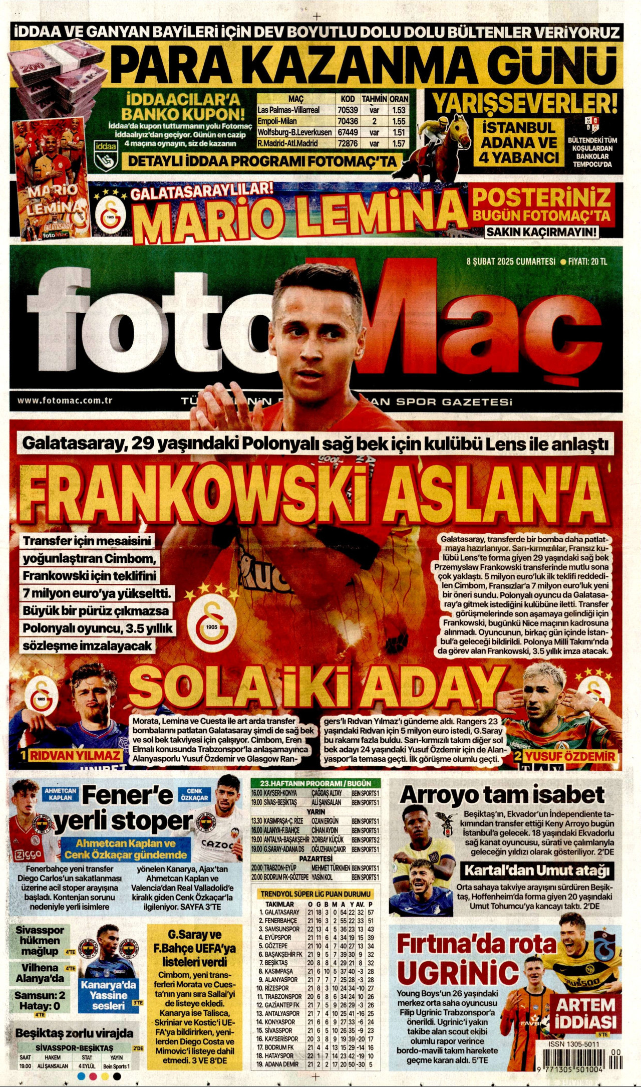 FOTOMAÇ gazetesinin 8 Şubat 2025 tarihli birinci sayfası