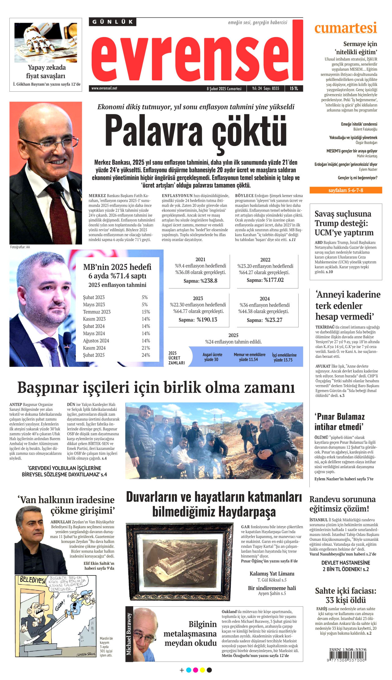 EVRENSEL gazetesinin 8 Şubat 2025 tarihli birinci sayfası