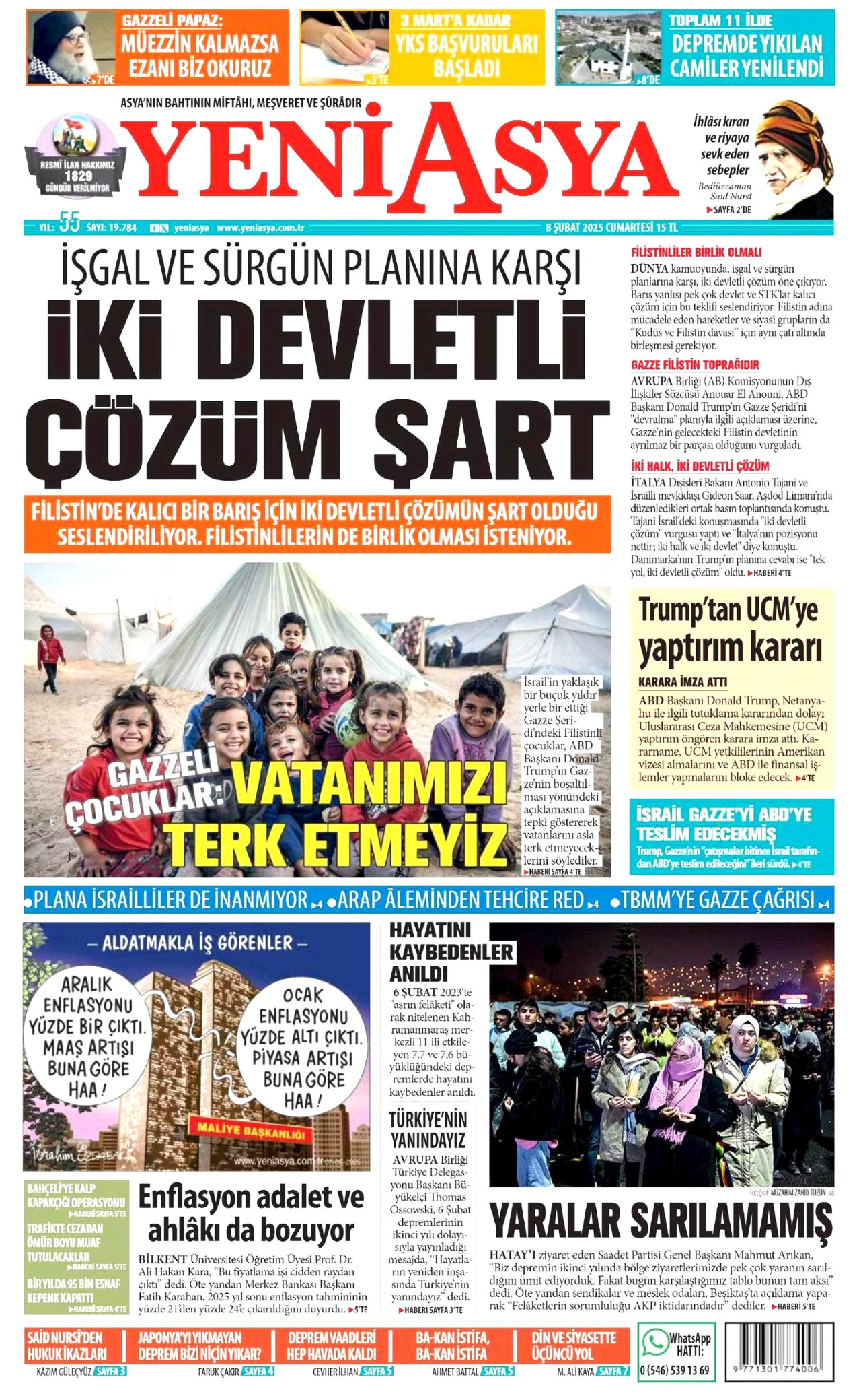 YENİ ASYA gazetesinin 8 Şubat 2025 tarihli birinci sayfası