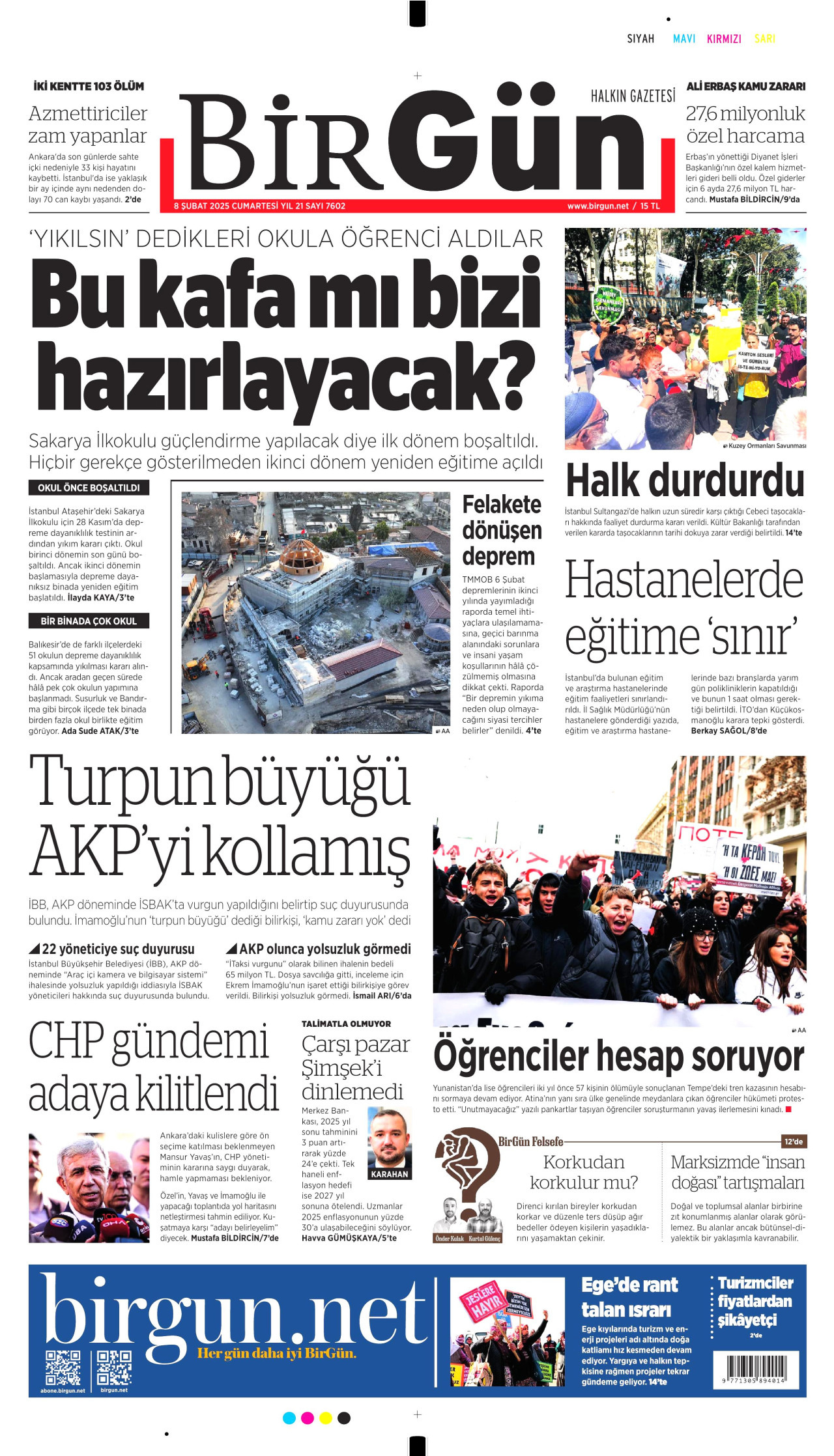 BİRGÜN gazetesinin 8 Şubat 2025 tarihli birinci sayfası