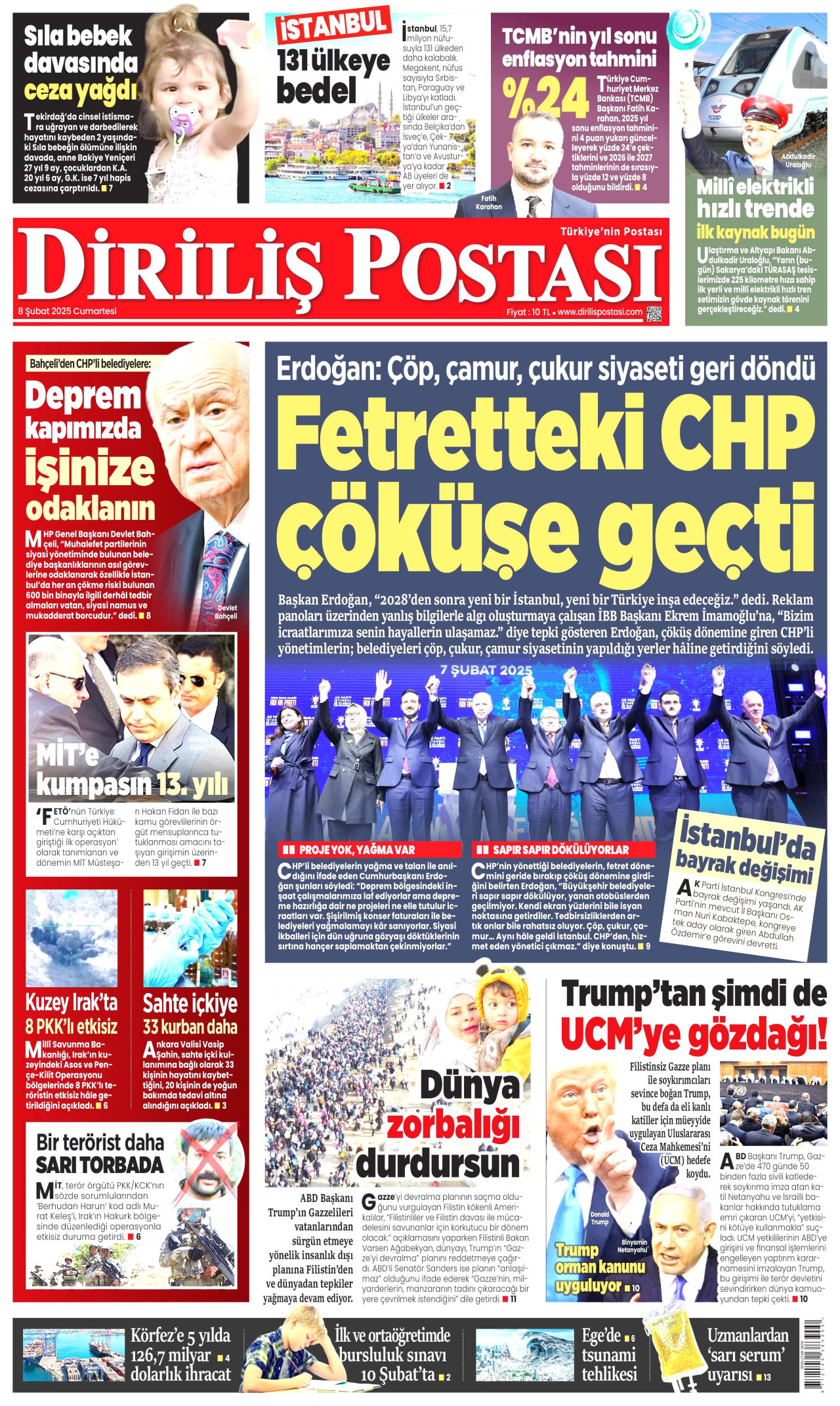 DİRİLİŞ POSTASI gazetesinin 8 Şubat 2025 tarihli birinci sayfası