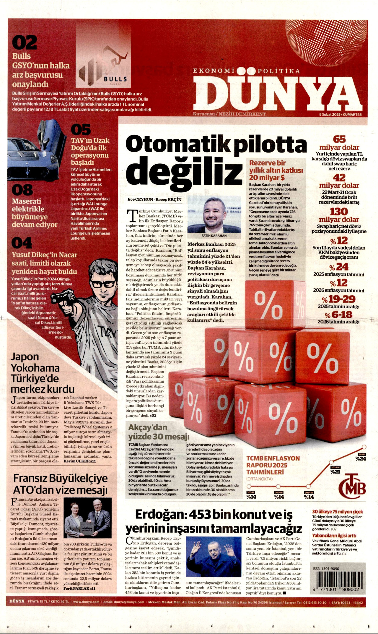 DÜNYA gazetesinin 8 Şubat 2025 tarihli birinci sayfası