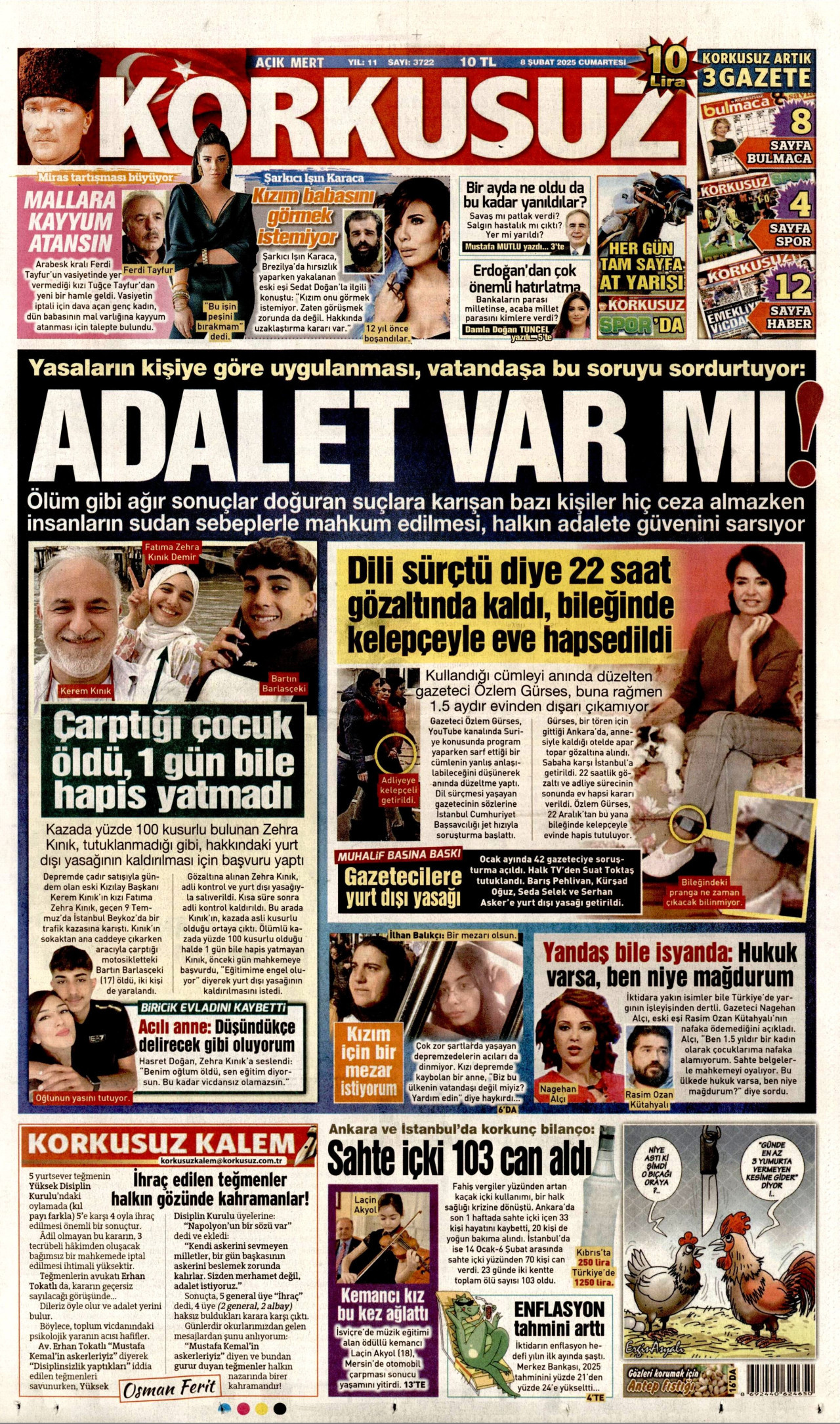 KORKUSUZ gazetesinin 8 Şubat 2025 tarihli birinci sayfası