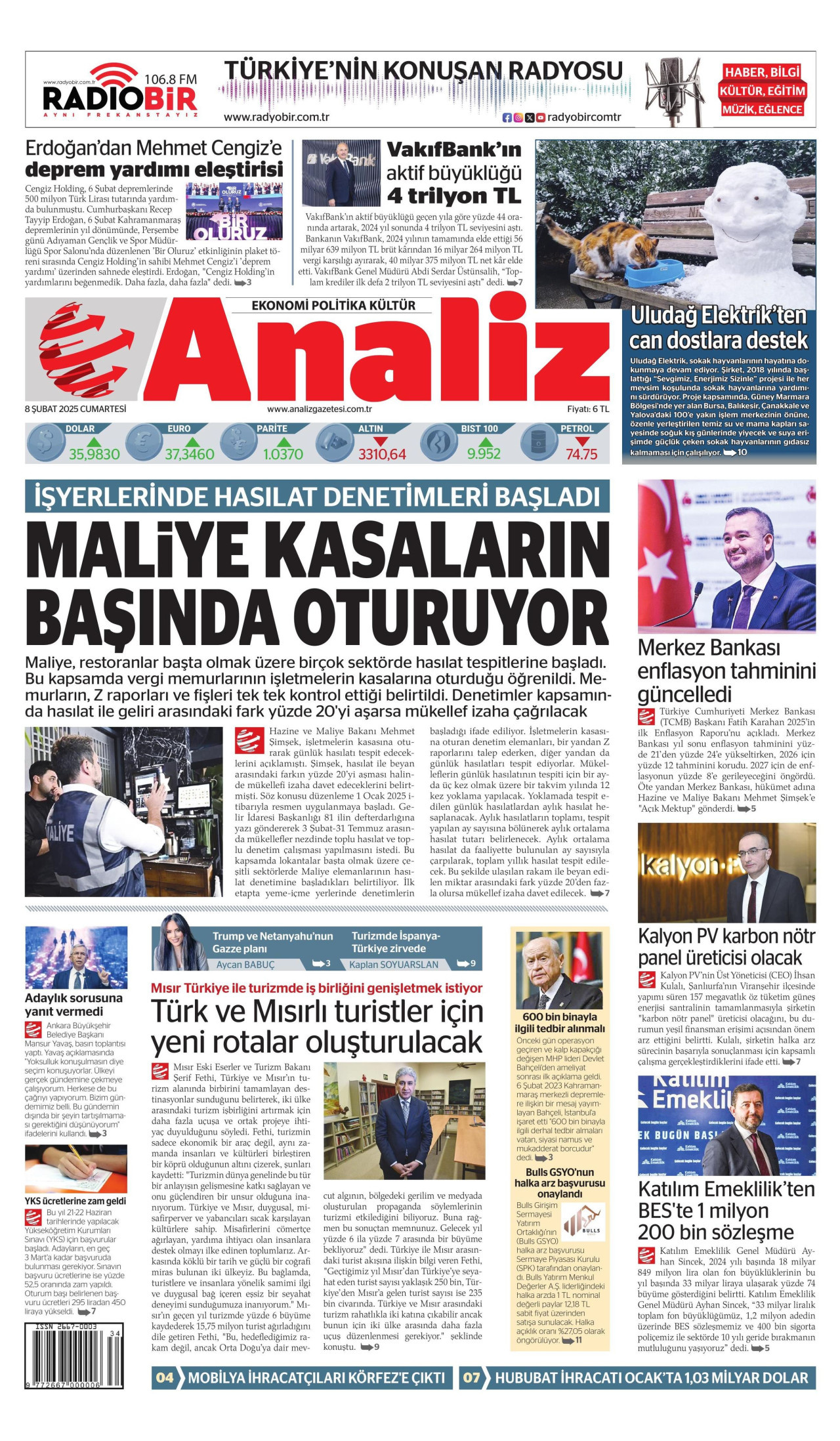 ANALİZ gazetesinin 8 Şubat 2025 tarihli birinci sayfası