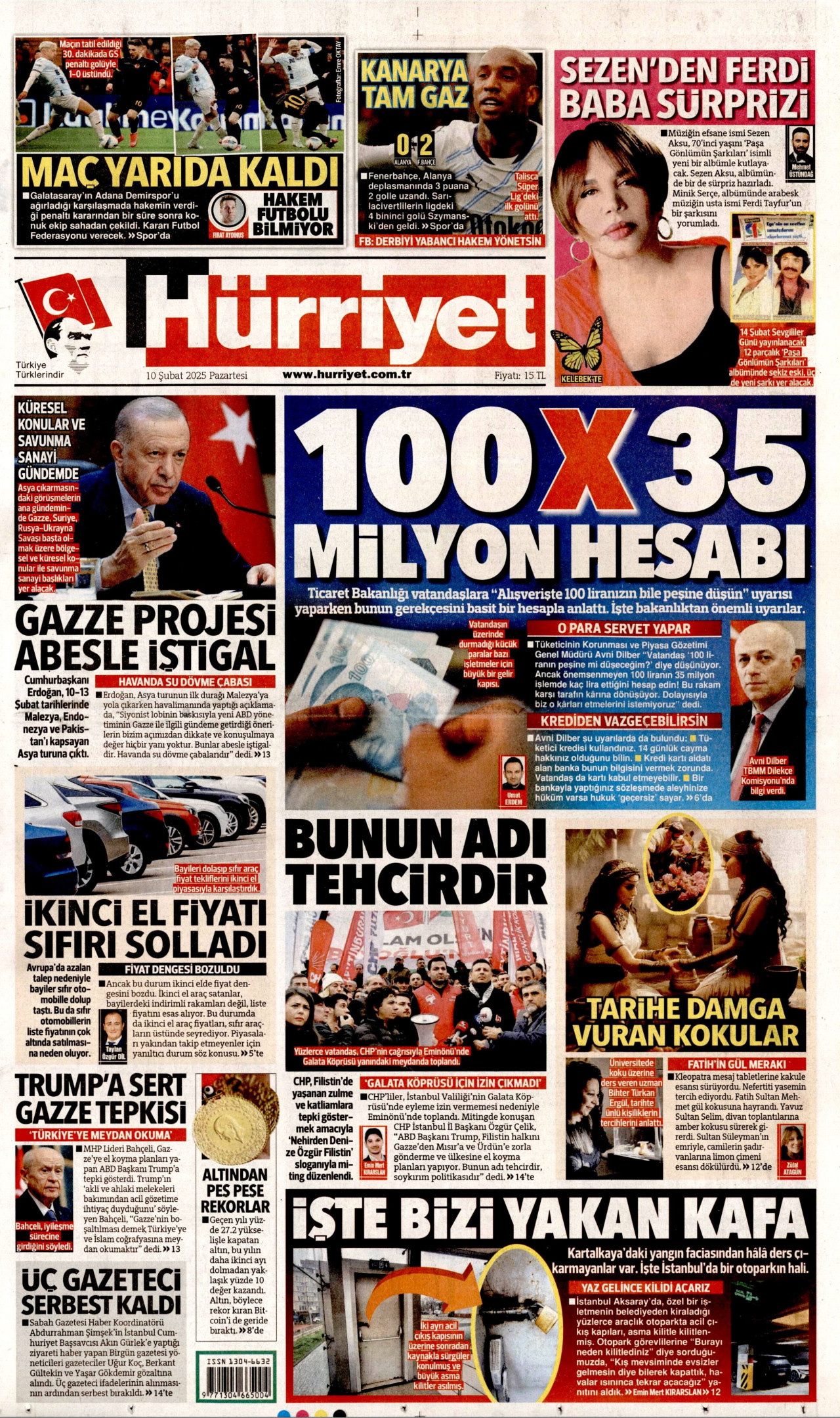 HÜRRİYET gazetesinin 10 Şubat 2025 tarihli birinci sayfası