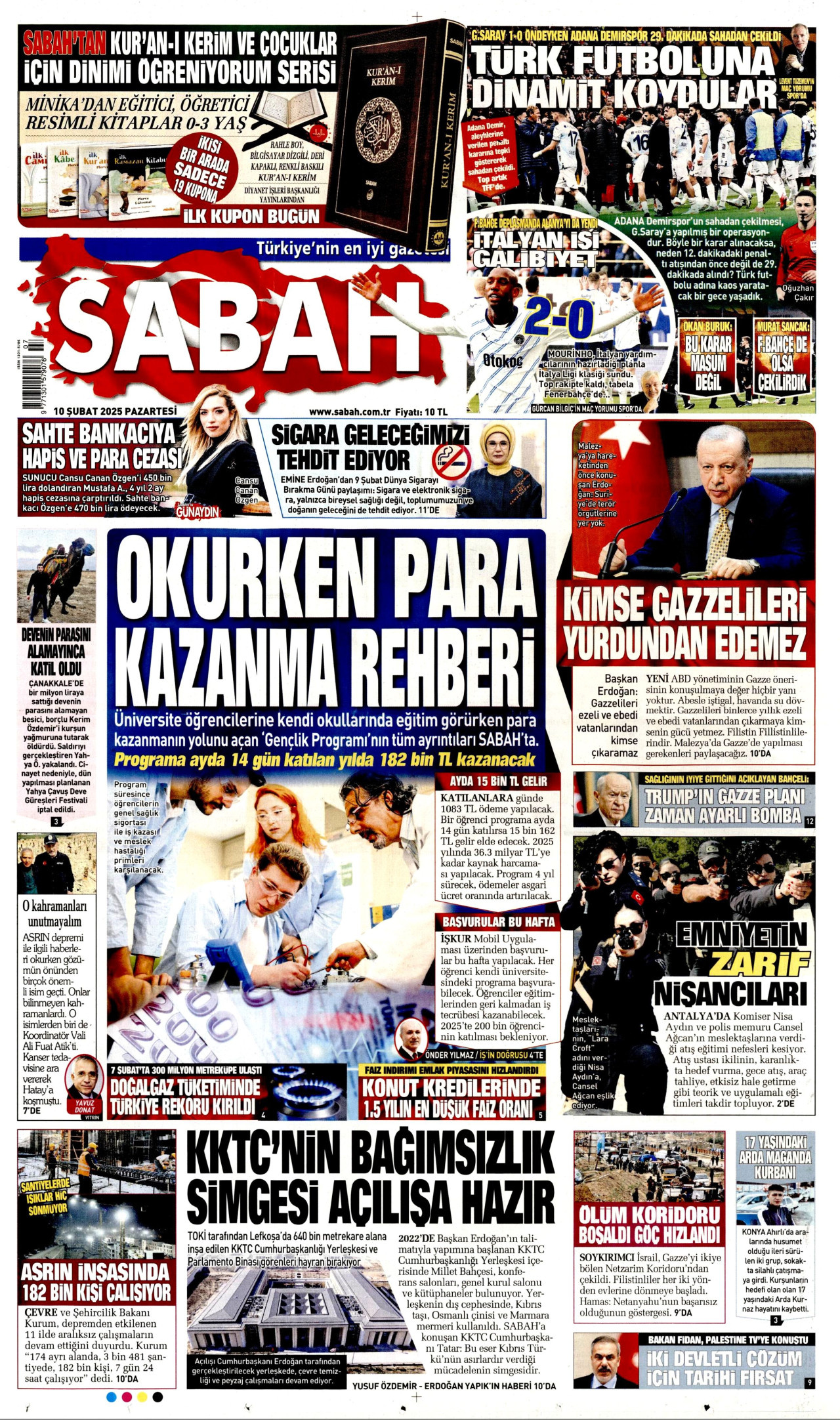 SABAH gazetesinin 10 Şubat 2025 tarihli birinci sayfası
