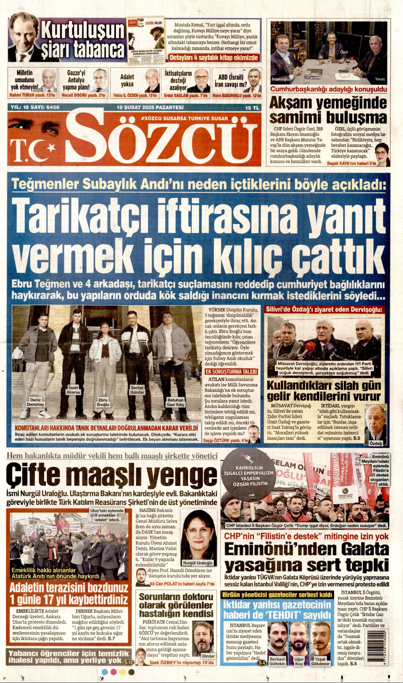 SÖZCÜ gazetesinin 10 Şubat 2025 tarihli birinci sayfası