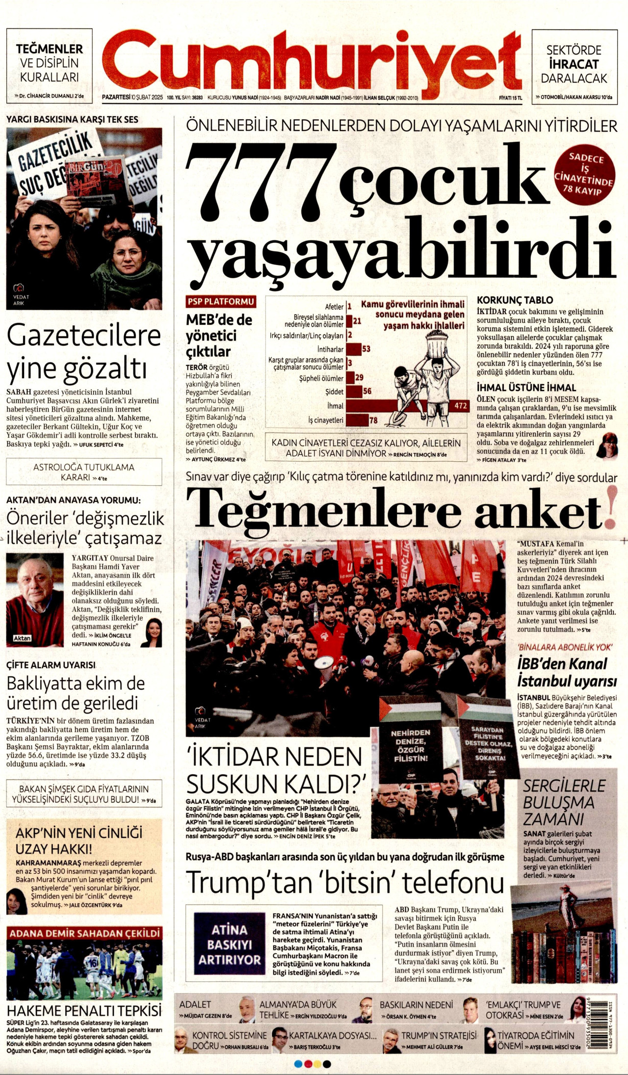 CUMHURİYET gazetesinin 10 Şubat 2025 tarihli birinci sayfası