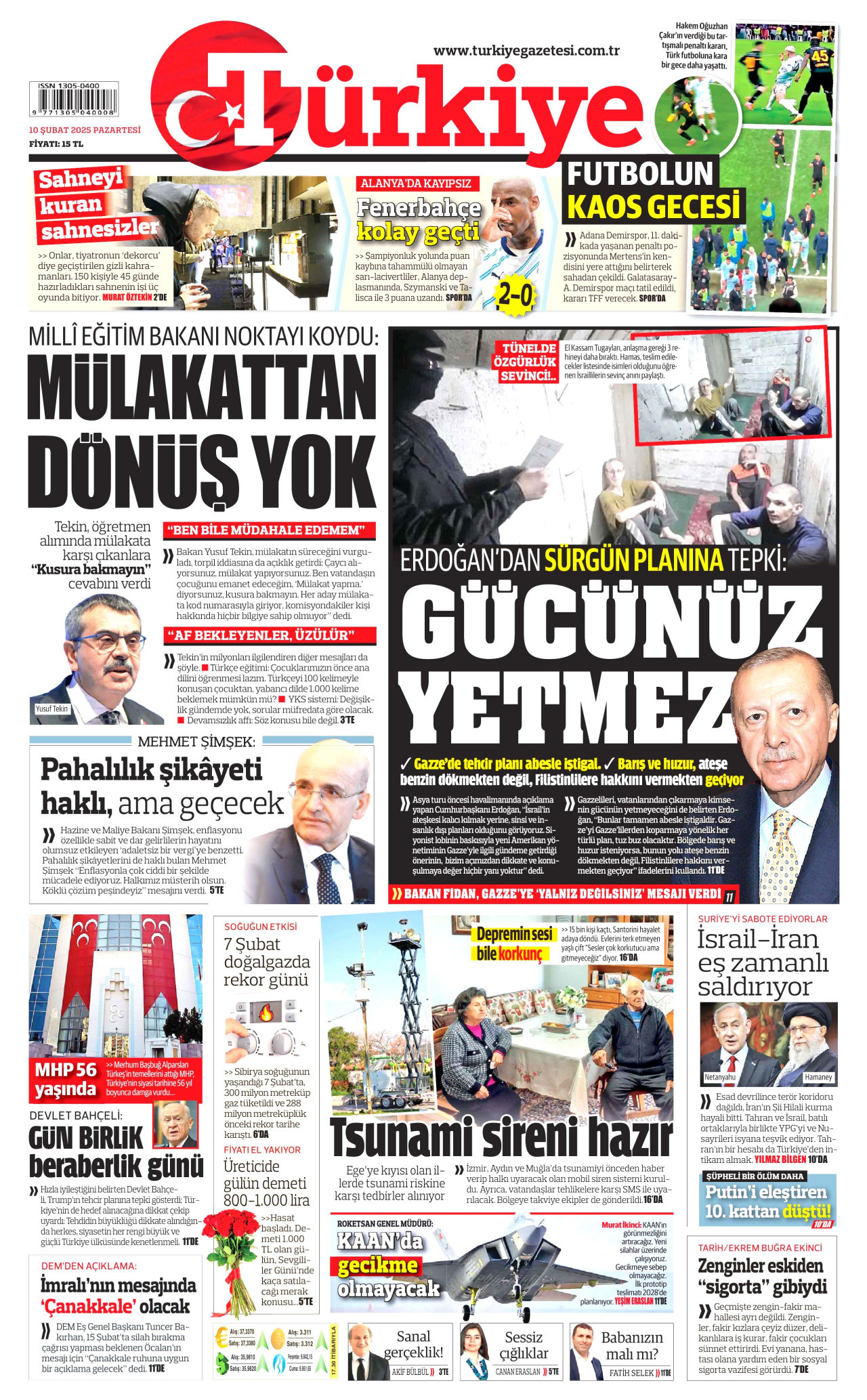 TÜRKİYE GAZETESİ gazetesinin 10 Şubat 2025 tarihli birinci sayfası