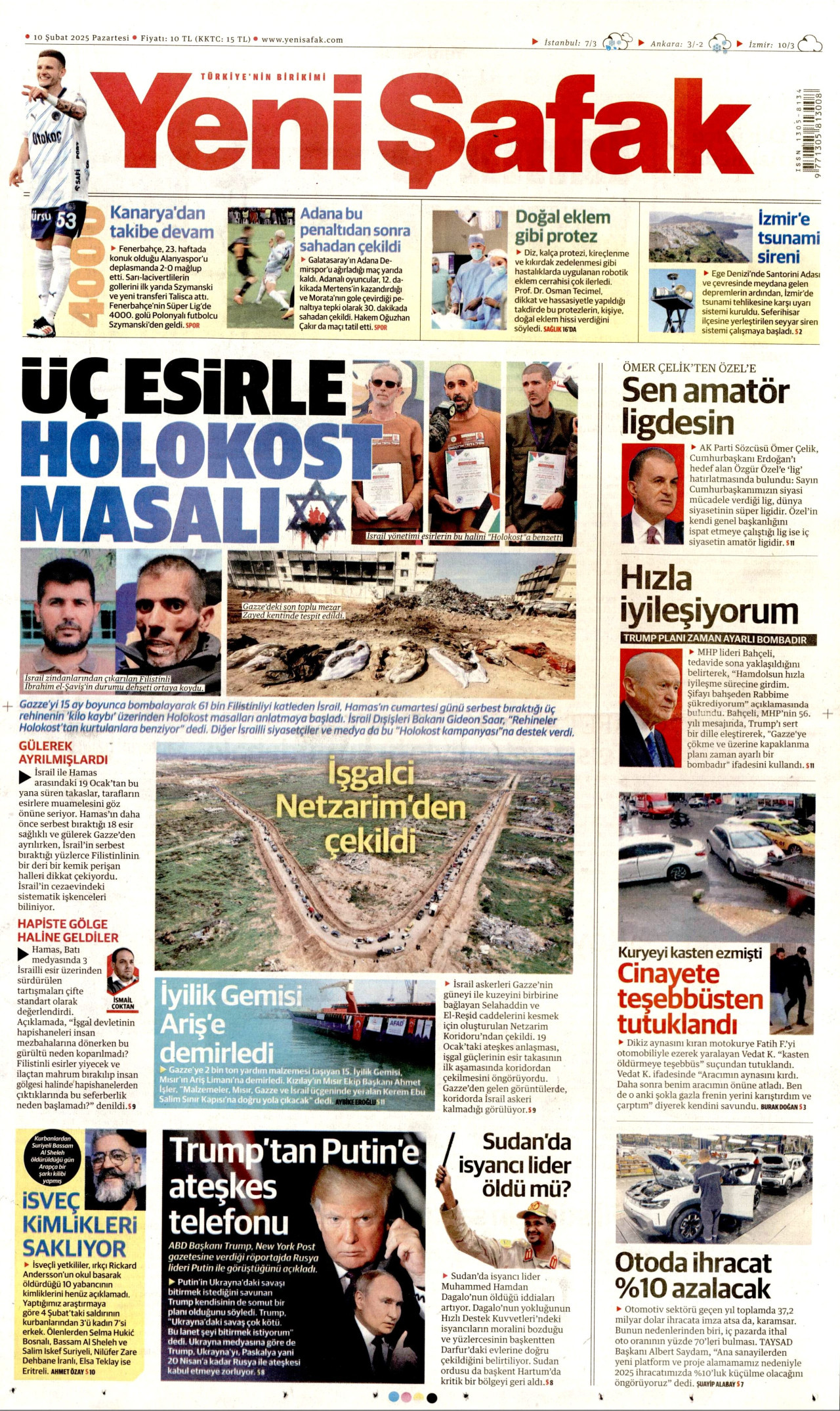 YENİ ŞAFAK gazetesinin 10 Şubat 2025 tarihli birinci sayfası