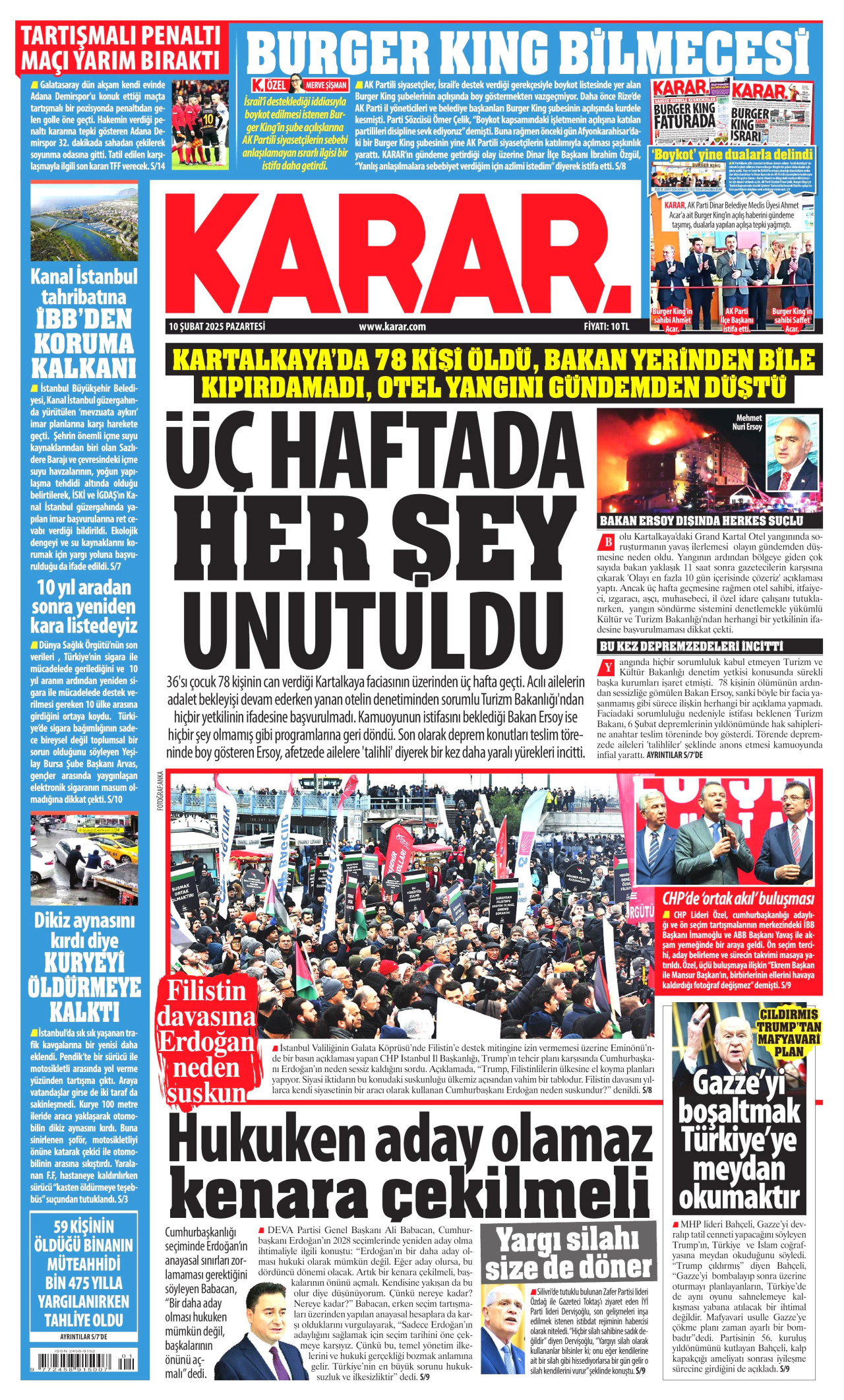 KARAR gazetesinin 10 Şubat 2025 tarihli birinci sayfası