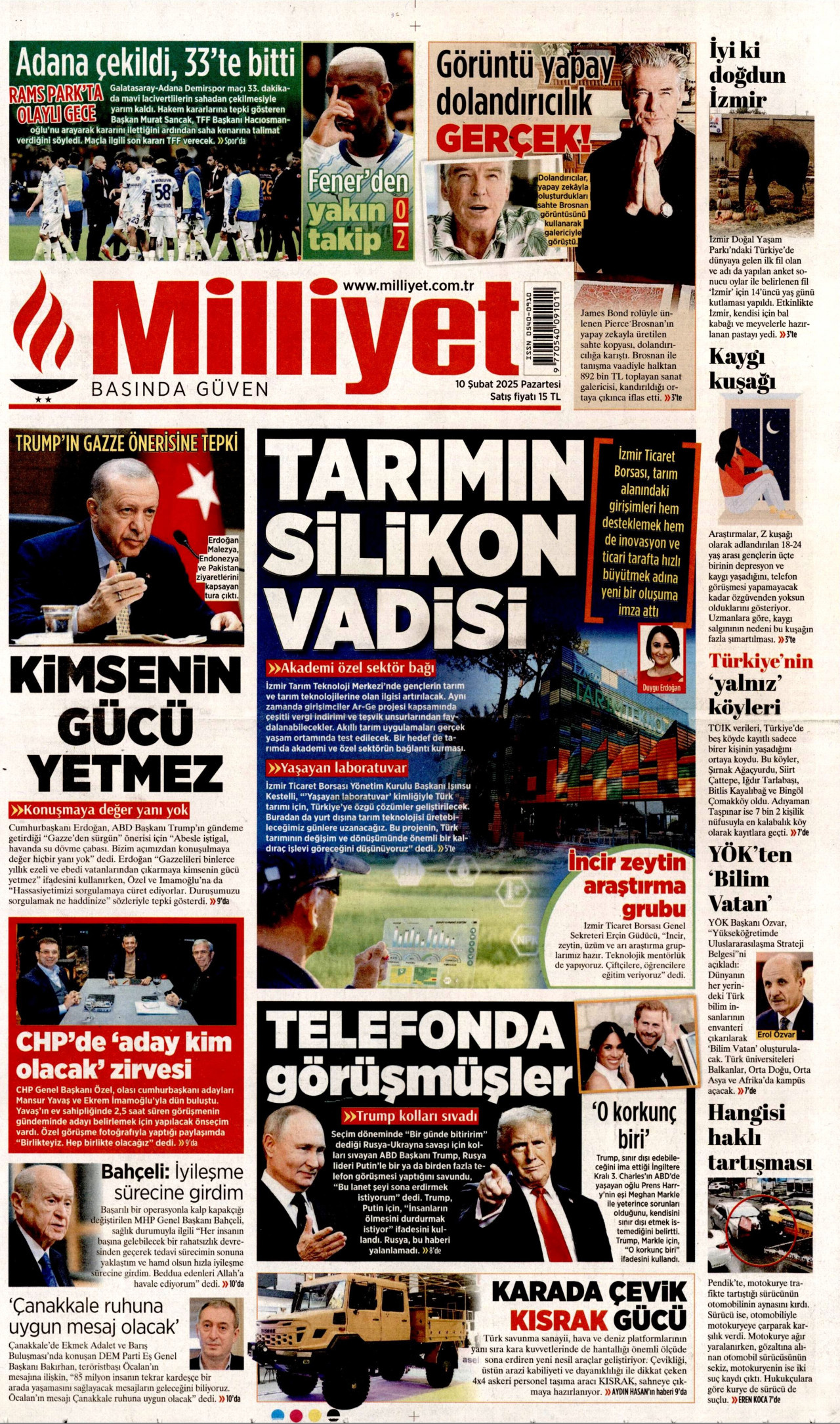 MİLLİYET gazetesinin 10 Şubat 2025 tarihli birinci sayfası