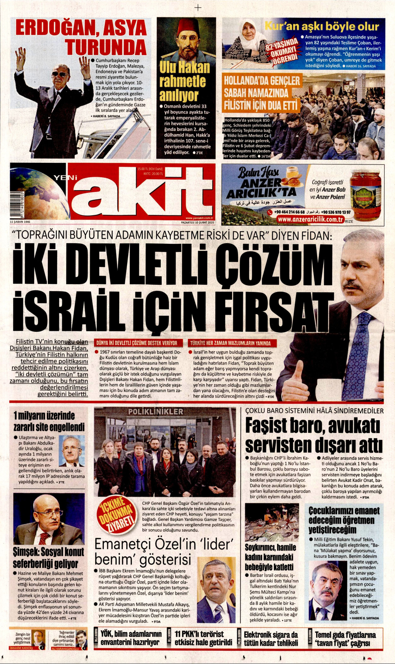 YENİ AKİT gazetesinin 10 Şubat 2025 tarihli birinci sayfası