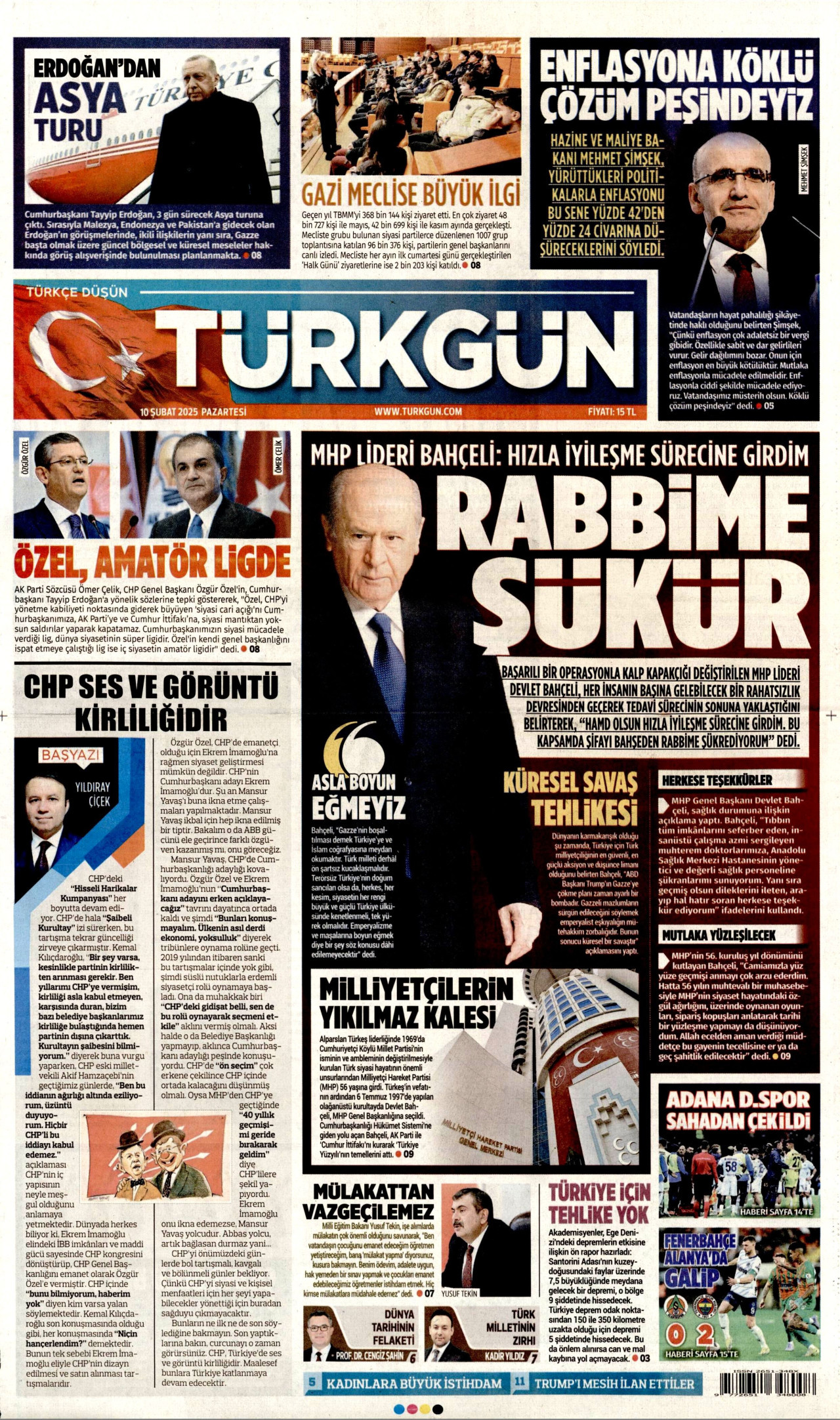 TÜRKGÜN gazetesinin 10 Şubat 2025 tarihli birinci sayfası